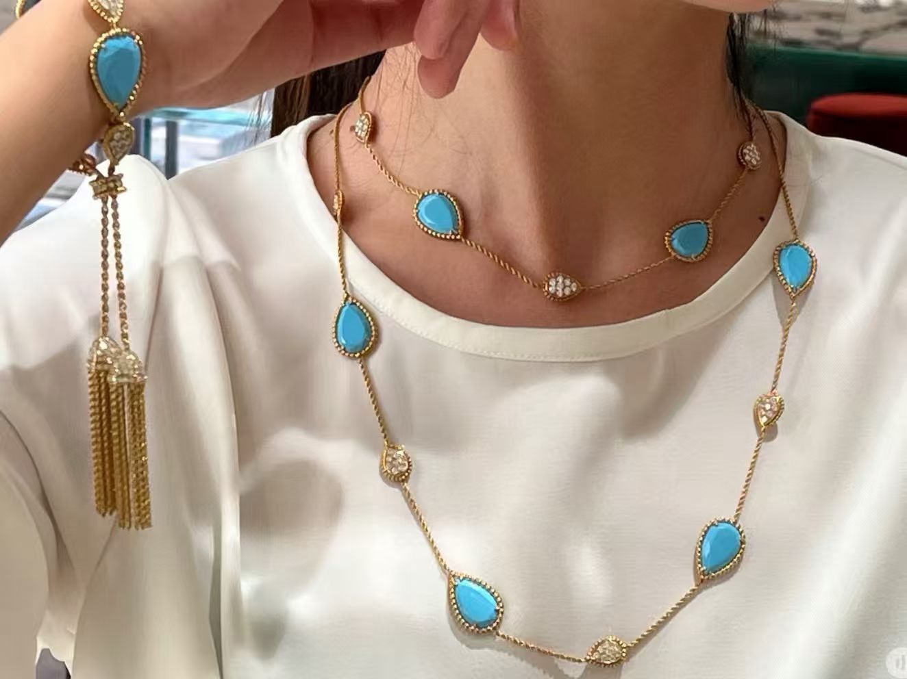 Boucheron Serpentine BOHEME 18K Gold Turquoise and Diamond Long Necklace/Sweater Chain, 2026 Full Set Available Now