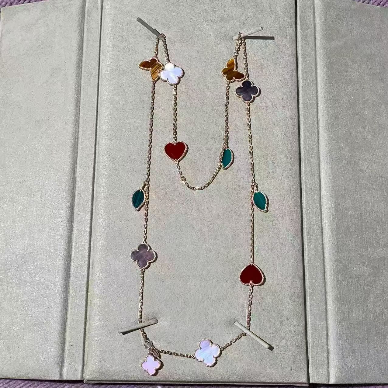 VCA (Van Cleef & Arpels) Lucky Alhambra Collection Twelve-Flower Long Necklace, 18K Gold, Tiger's Eye/Carnelian/Mother-of-Pearl/Malachite, 2025 Complete Set