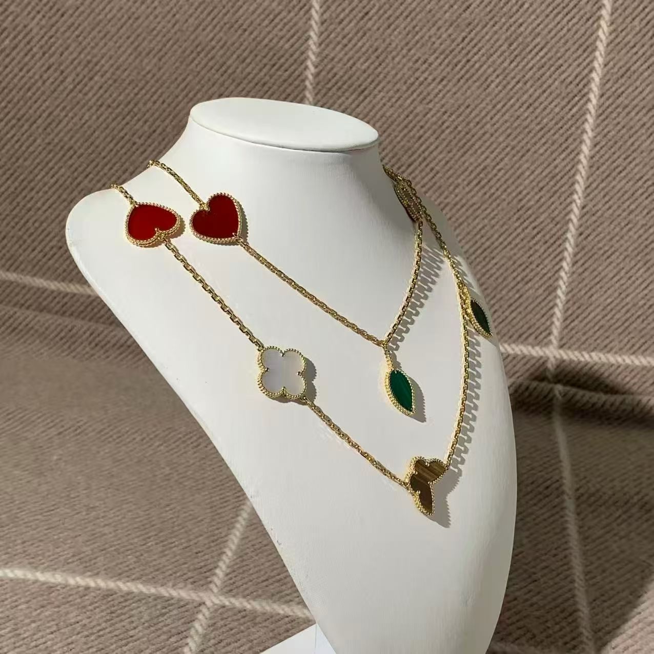VCA (Van Cleef & Arpels) Lucky Alhambra Collection Twelve-Flower Long Necklace, 18K Gold, Tiger's Eye/Carnelian/Mother-of-Pearl/Malachite, 2025 Complete Set