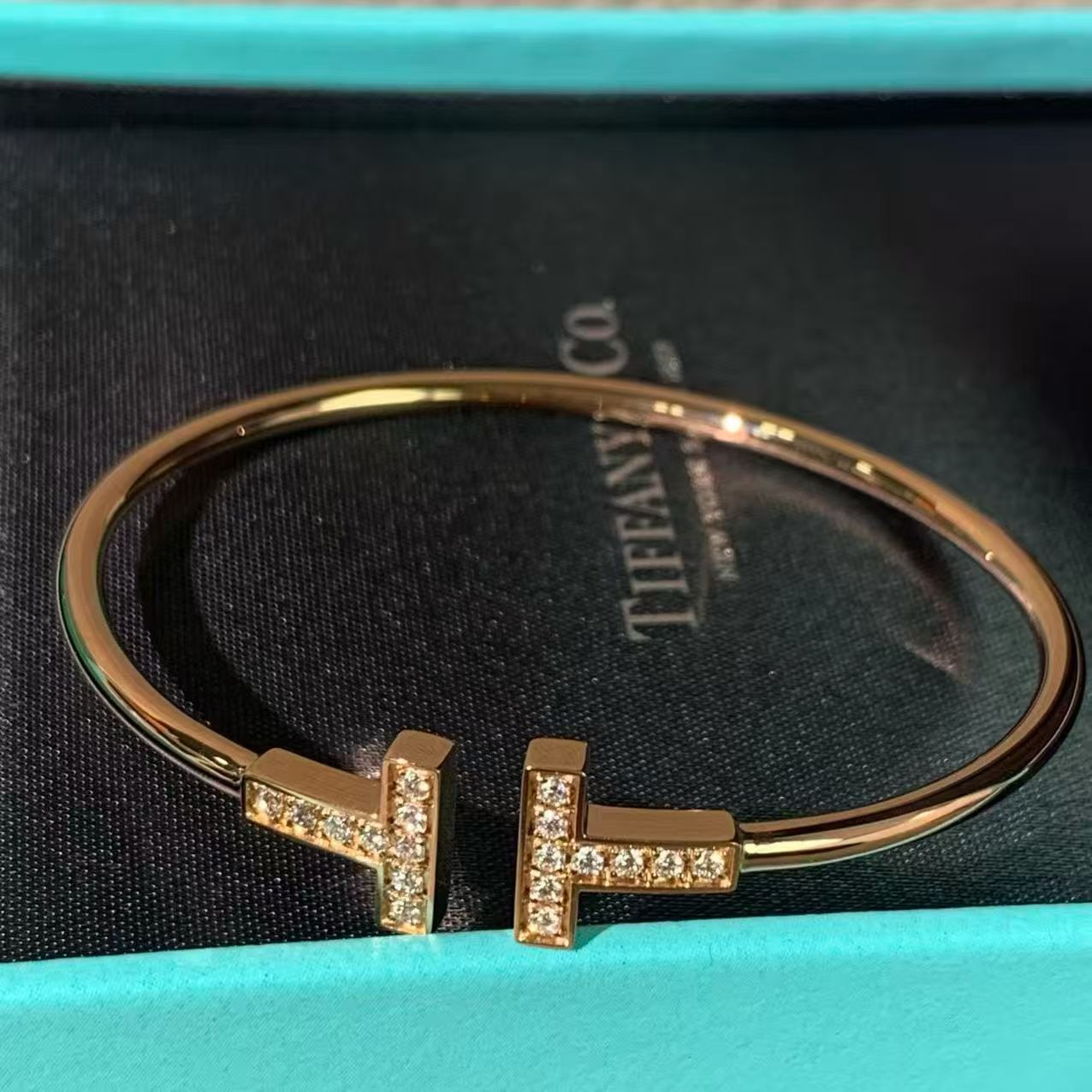 Tiffany & Co. T Collection Double T Open Bangle, 18K Rose Gold, Pavé Diamonds, Size S, with Box