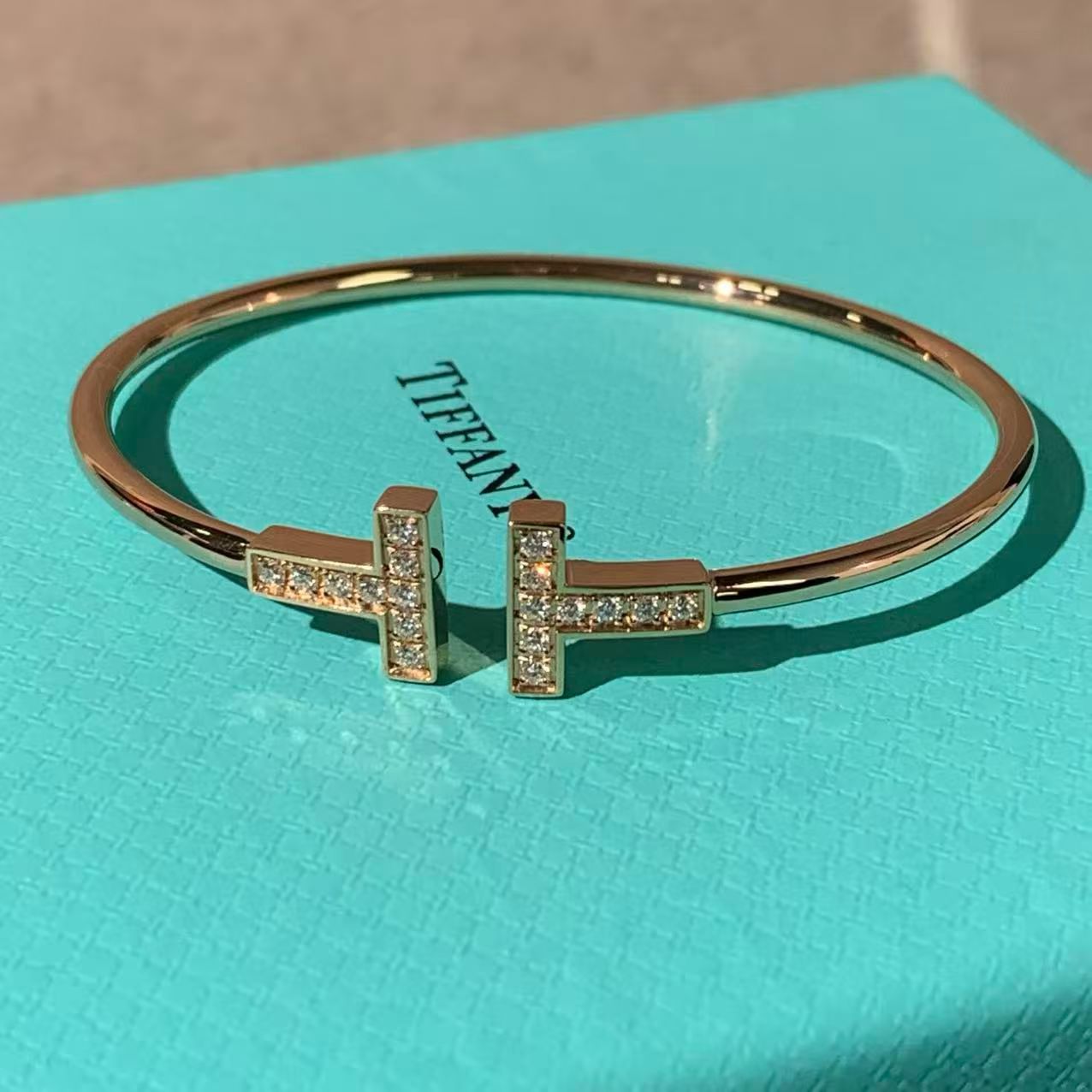 Tiffany & Co. T Collection Double T Open Bangle, 18K Rose Gold, Pavé Diamonds, Size S, with Box
