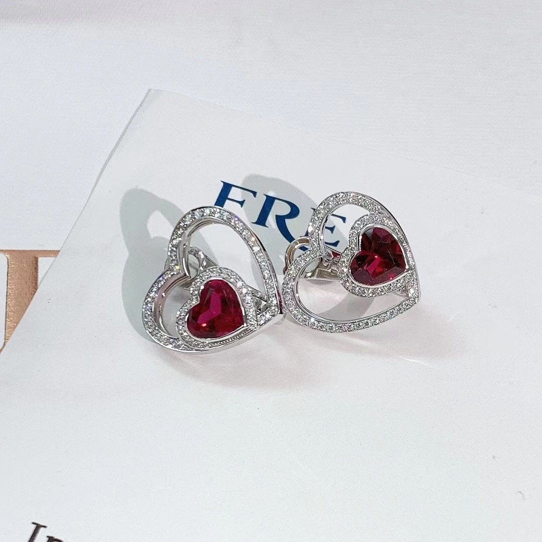 Fred Pretty Woman High Jewelry Collection 18K White Gold Rubelle Tourmaline and Diamond Heart Earrings 2022 (Full Set)