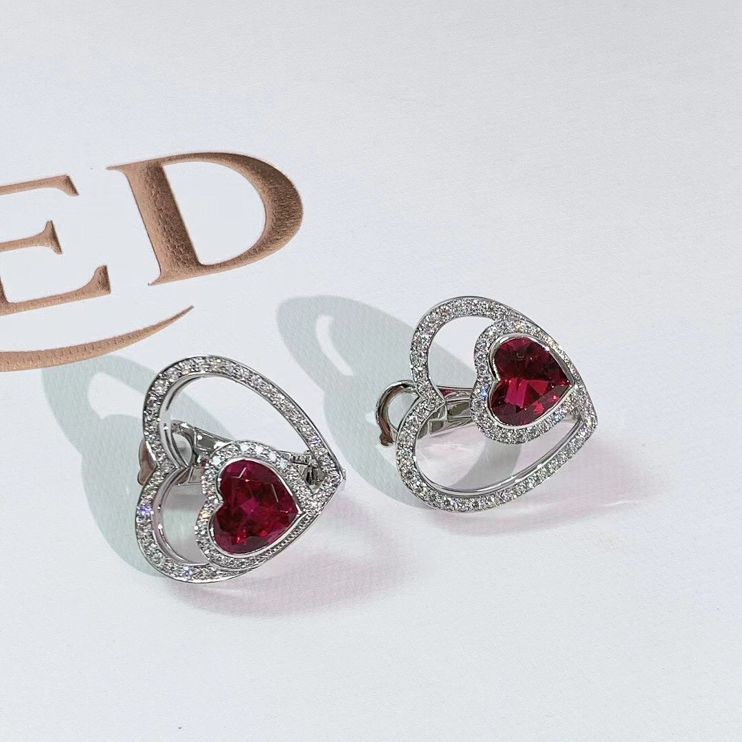 Fred Pretty Woman High Jewelry Collection 18K White Gold Rubelle Tourmaline and Diamond Heart Earrings 2022 (Full Set)