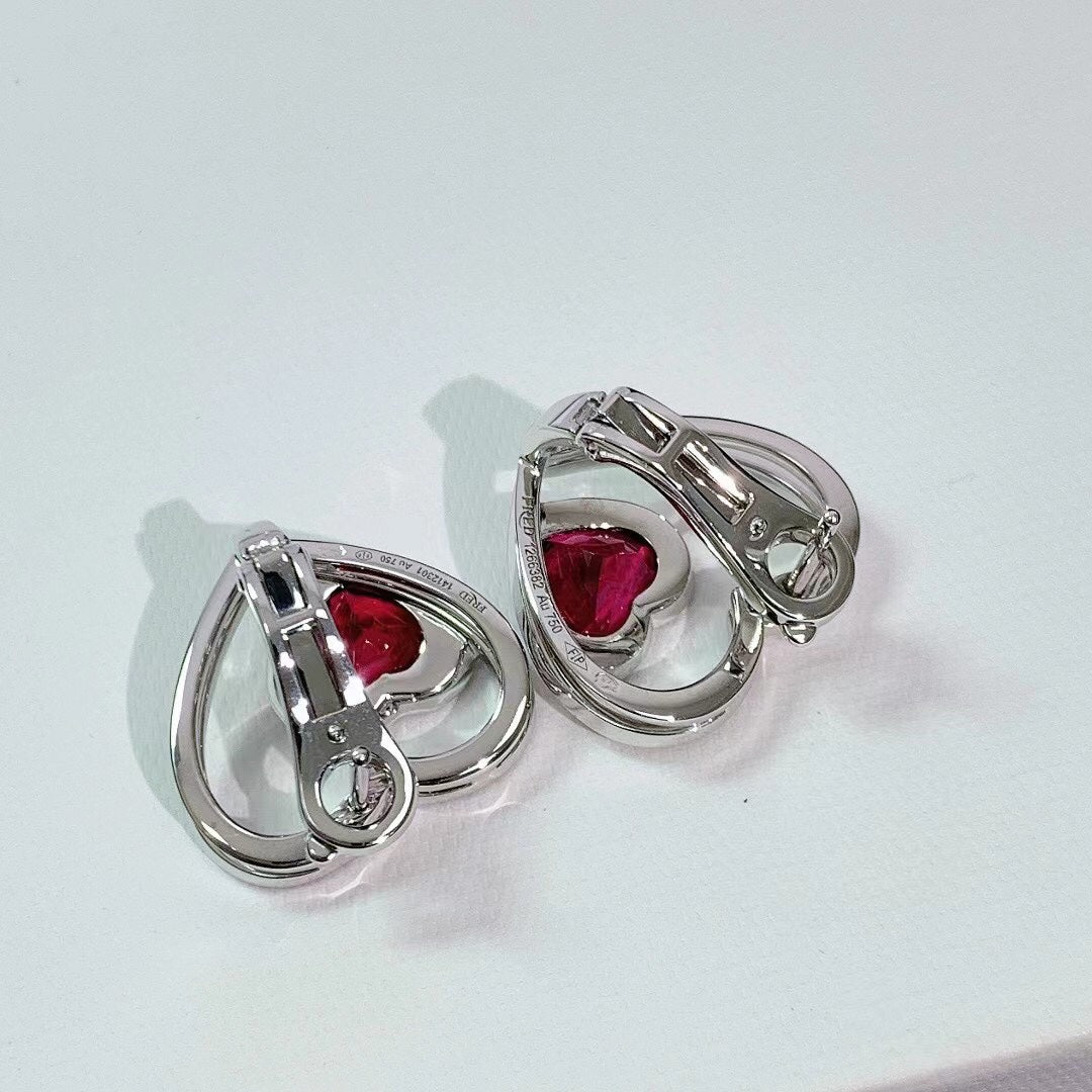 Fred Pretty Woman High Jewelry Collection 18K White Gold Rubelle Tourmaline and Diamond Heart Earrings 2022 (Full Set)
