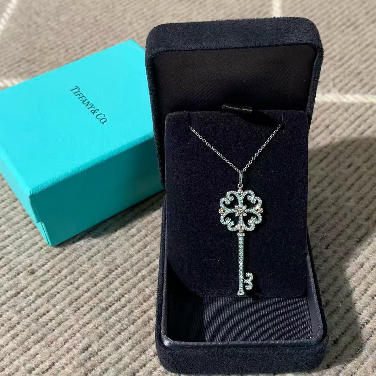 Tiffany & Co. Keys Collection 18K White Gold Full Diamond Large Cherry Blossom Key Necklace, Classic Large Key with Box