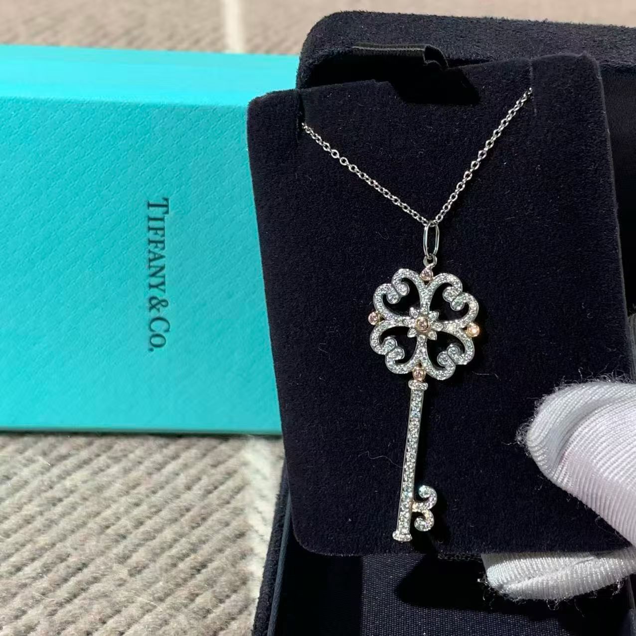 Tiffany & Co. Keys Collection 18K White Gold Full Diamond Large Cherry Blossom Key Necklace, Classic Large Key with Box