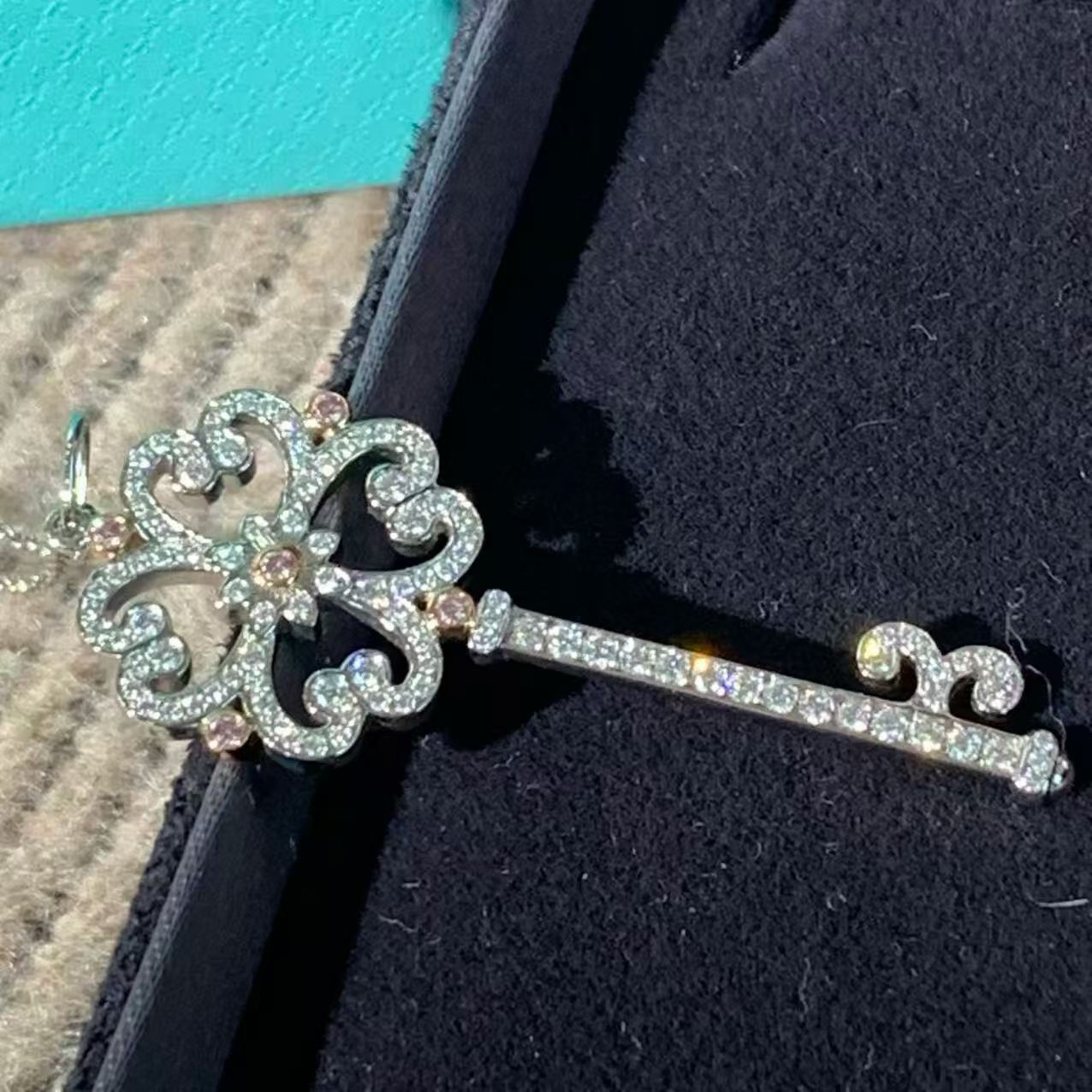 Tiffany & Co. Keys Collection 18K White Gold Full Diamond Large Cherry Blossom Key Necklace, Classic Large Key with Box