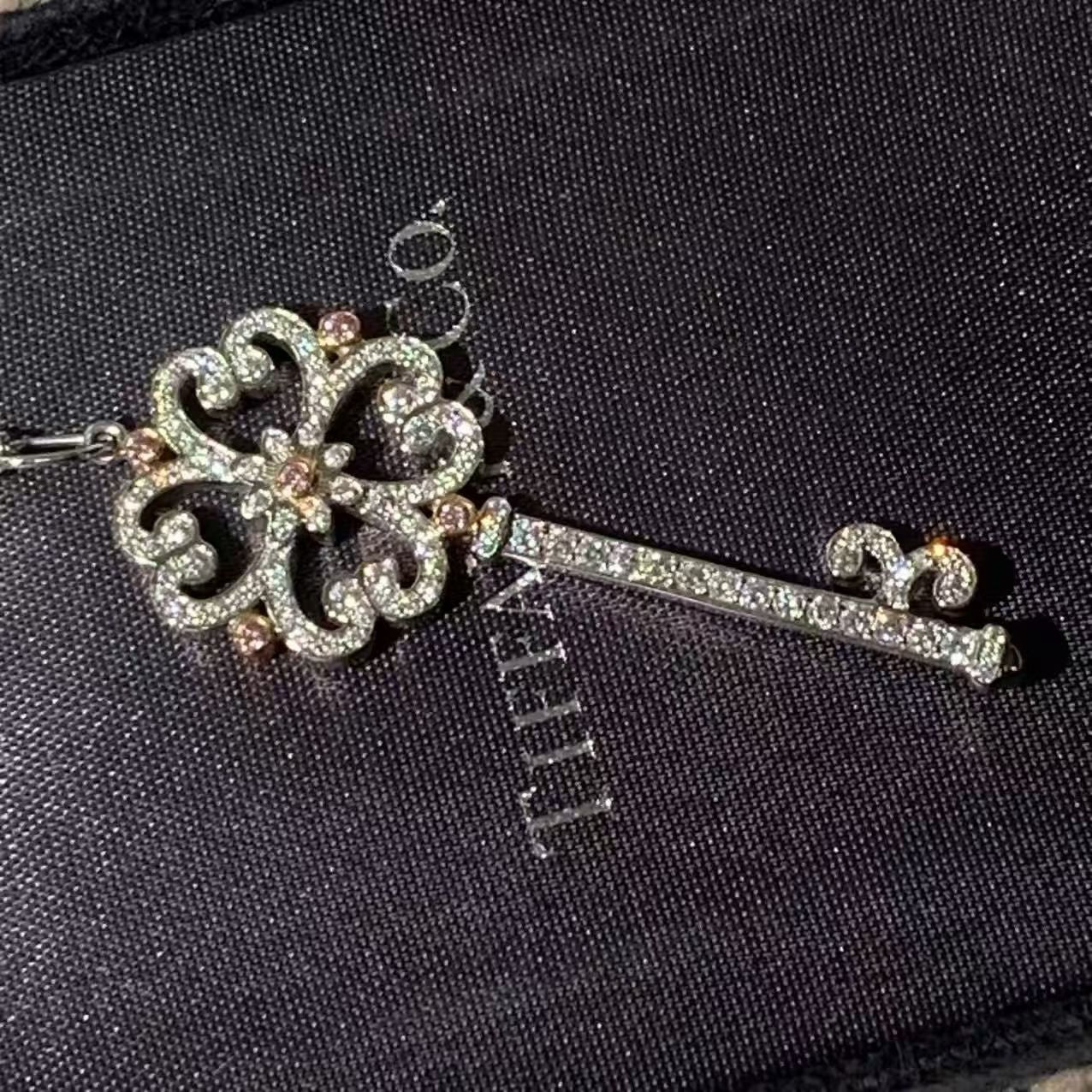 Tiffany & Co. Keys Collection 18K White Gold Full Diamond Large Cherry Blossom Key Necklace, Classic Large Key with Box