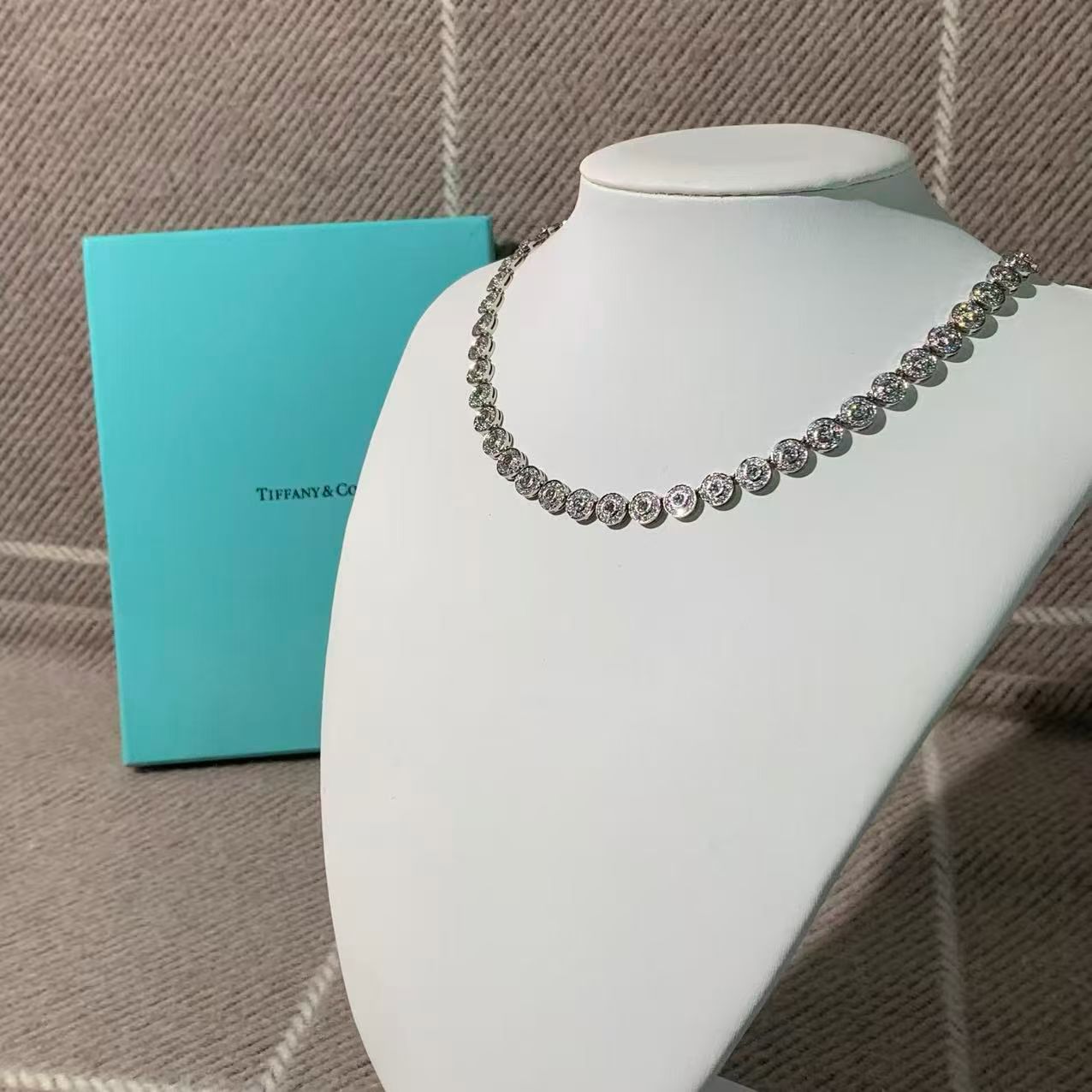Tiffany & Co. CIRCLET Collection 18K White Gold Full Diamond Round Necklace with Top-Quality Beads and Box