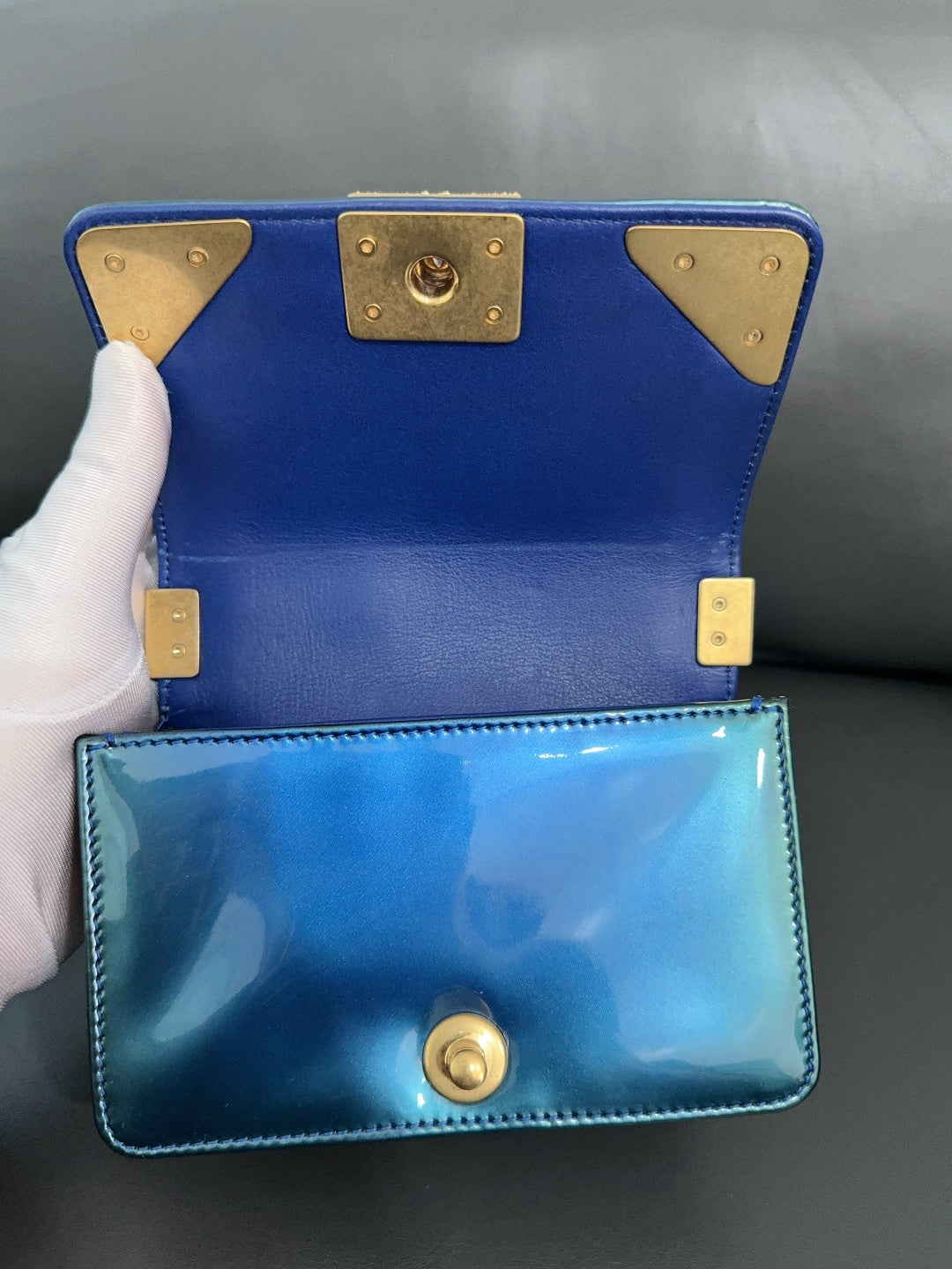 ✦ Chanel Le Boy Mini Versailles Court Limited Edition Patent Leather Blue with Gilded Embossed Design (Limited to 100 pieces worldwide)