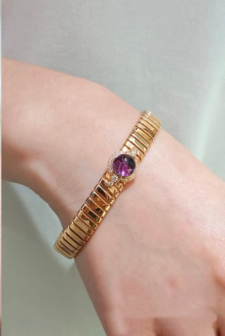 ✦ BVLGARI Tubogas Collection 18K Rose Gold Pavé Amethyst Flex Bangle, Size M (2022 Full Set/Gold Weight 42g)