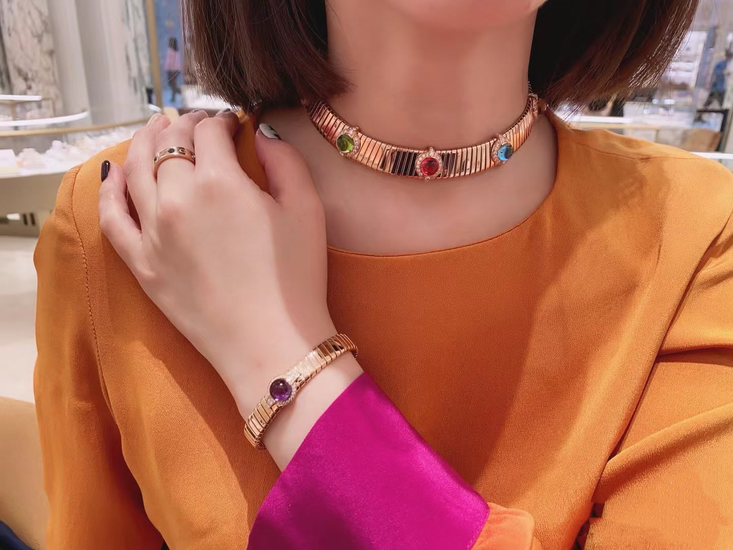 ✦ BVLGARI Tubogas Collection 18K Rose Gold Pavé Amethyst Flex Bangle, Size M (2022 Full Set/Gold Weight 42g)