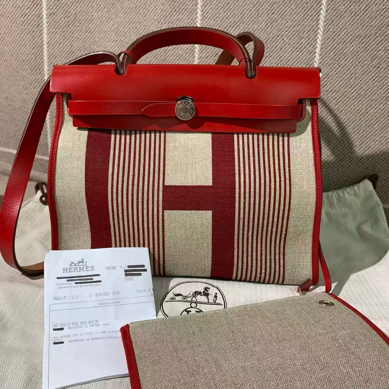 ✦ 爱马仕 Hermès Herbag 31 红色条纹拼接 Toile帆布 银扣 D刻 (附发票全套/经典学院风)