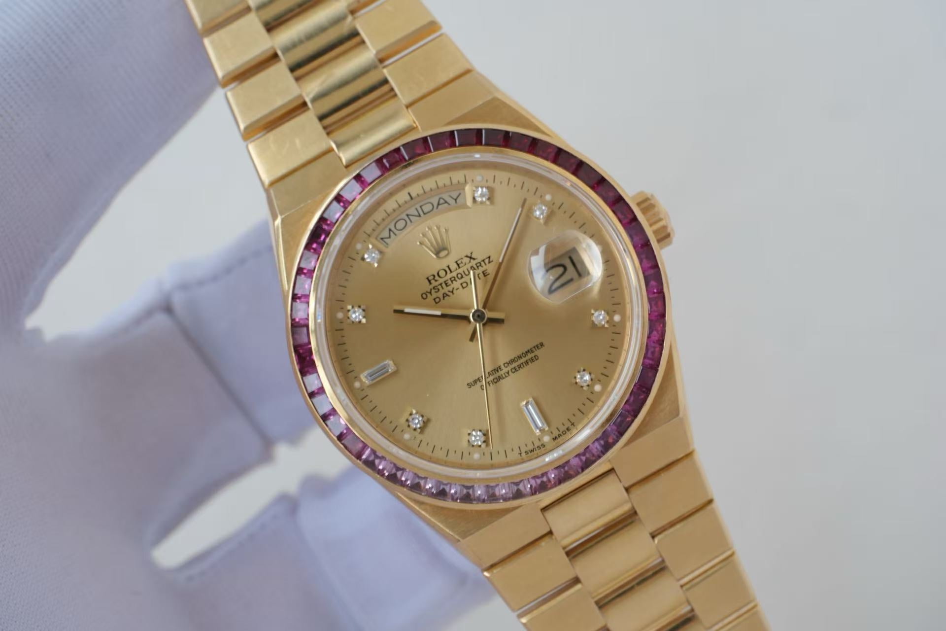 ✦ Rolex 19158 Day-Date 36mm 18K Yellow Gold Genta Case with Diamonds and Gemstones (Antique Unique Item/with Rolex Warranty Card)