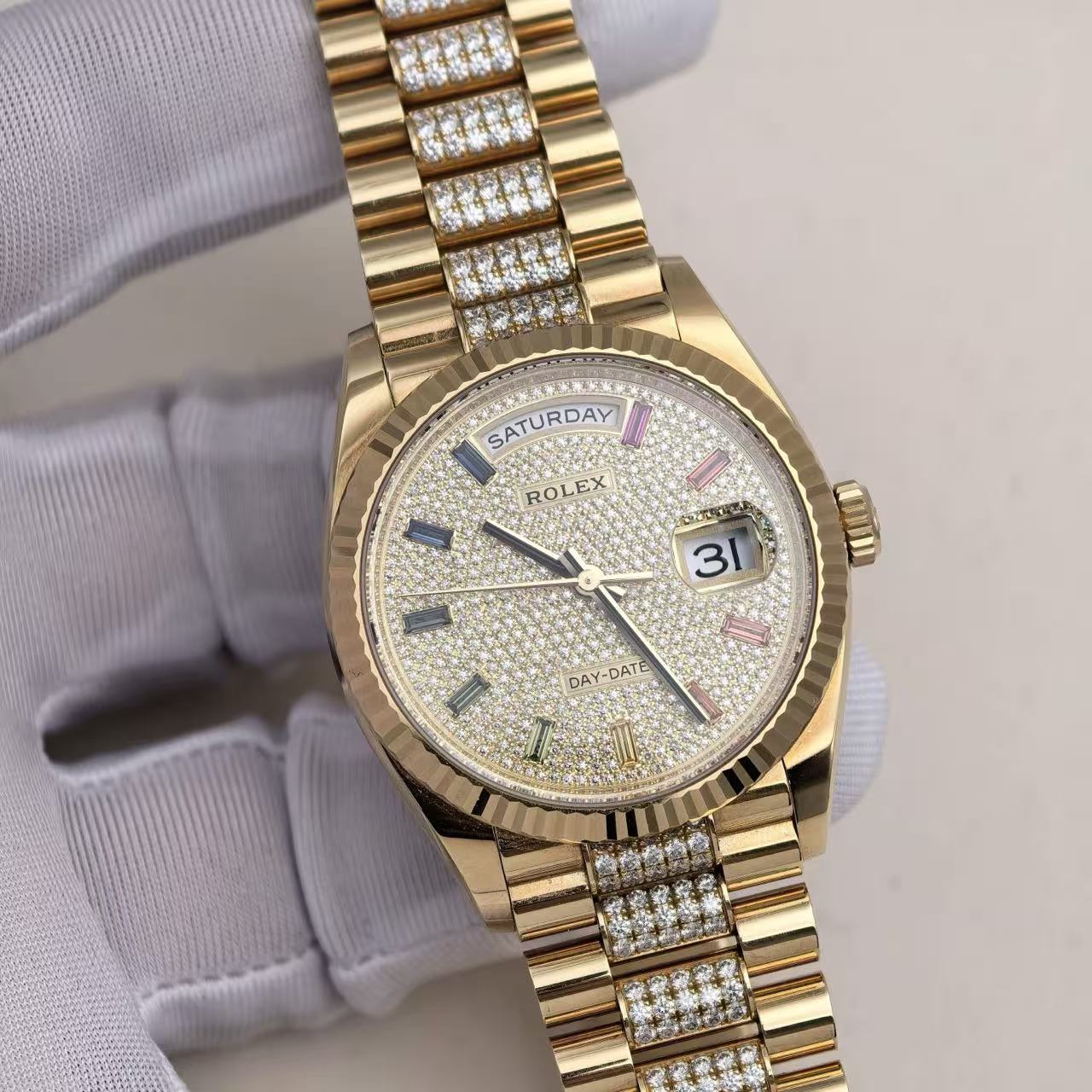 ✦ Rolex Day-Date 36mm 18K Yellow Gold with Diamond and Gemstone Hourmarks m128238