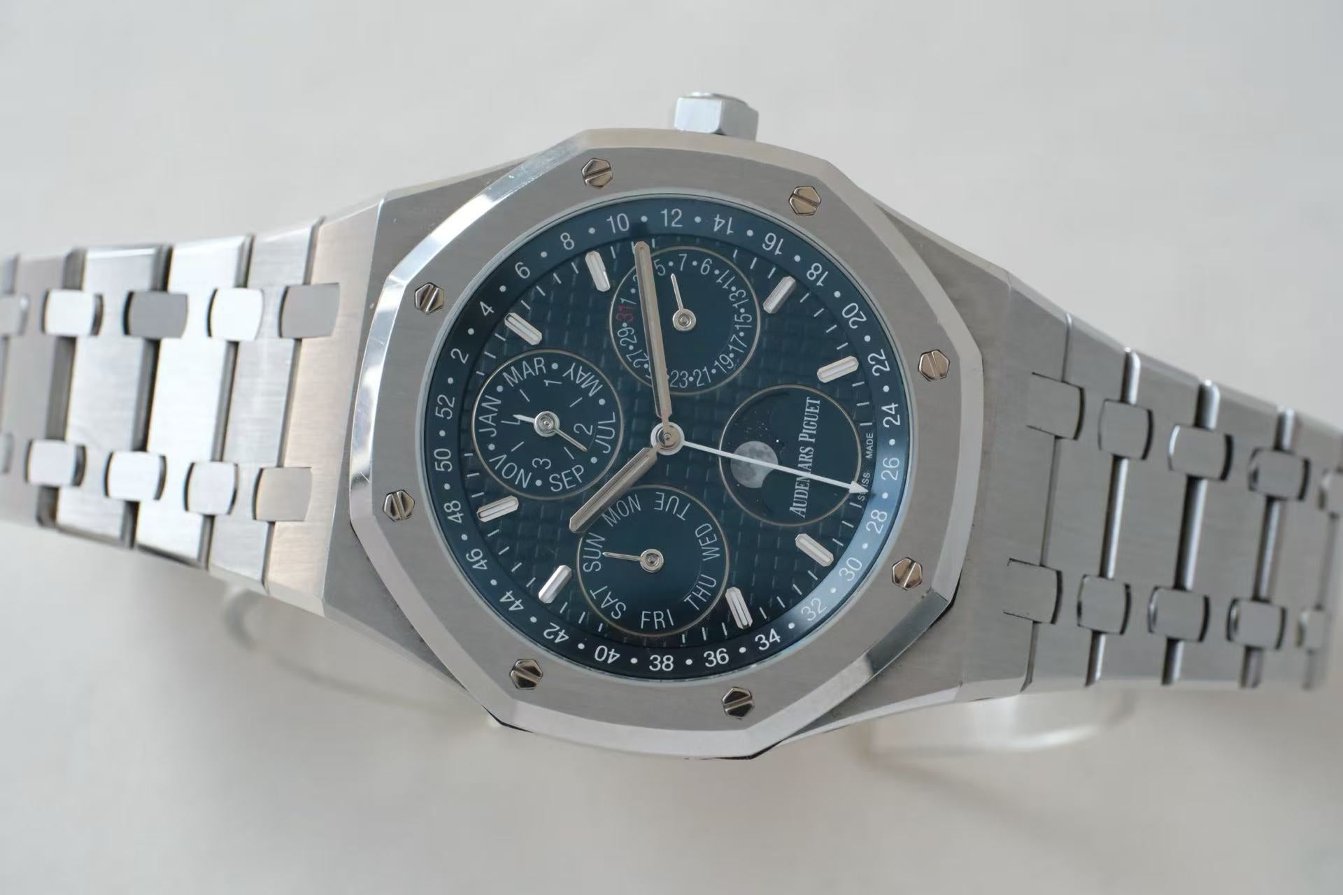 ✦ Audemars Piguet Royal Oak 41mm Stainless Steel Perpetual Calendar 26574ST (Official White Dial Replacement with Blue Dial)