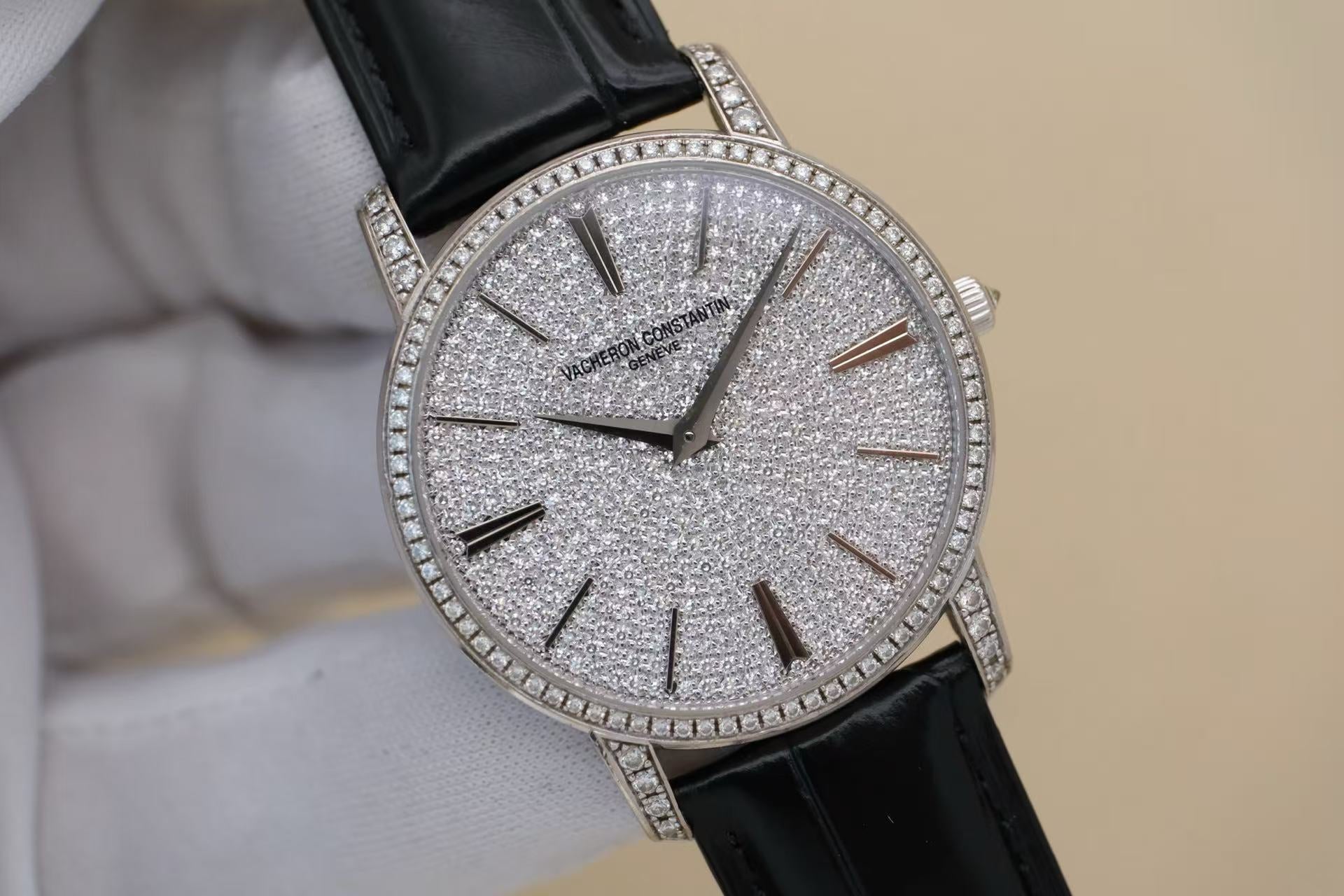 ✦ Vacheron Constantin Patrimony Collection 38mm 18K White Gold Dial with Pavé Diamonds 81579/000G-9274 (Premium Quality, In Stock/Watch Only)