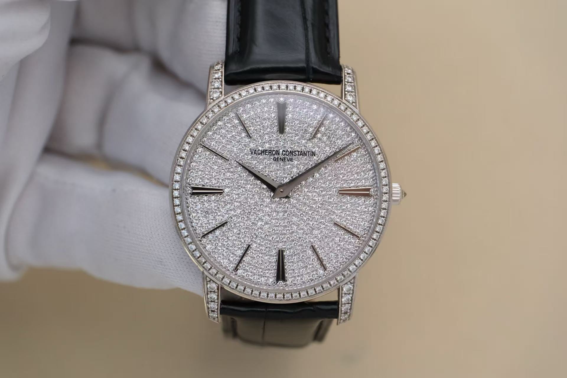 ✦ Vacheron Constantin Patrimony Collection 38mm 18K White Gold Dial with Pavé Diamonds 81579/000G-9274 (Premium Quality, In Stock/Watch Only)