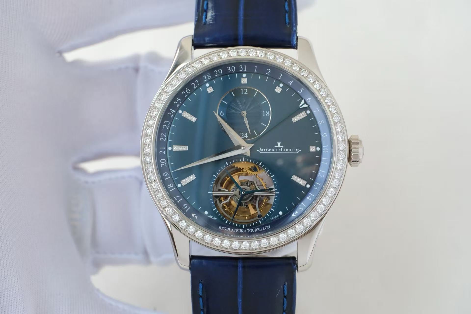 ✦ Jaeger-LeCoultre Master Collection 41.5mm 18K White Gold Diamond-Set Tourbillon Dual Time Watch Q1563580 (Exquisite Single Watch)