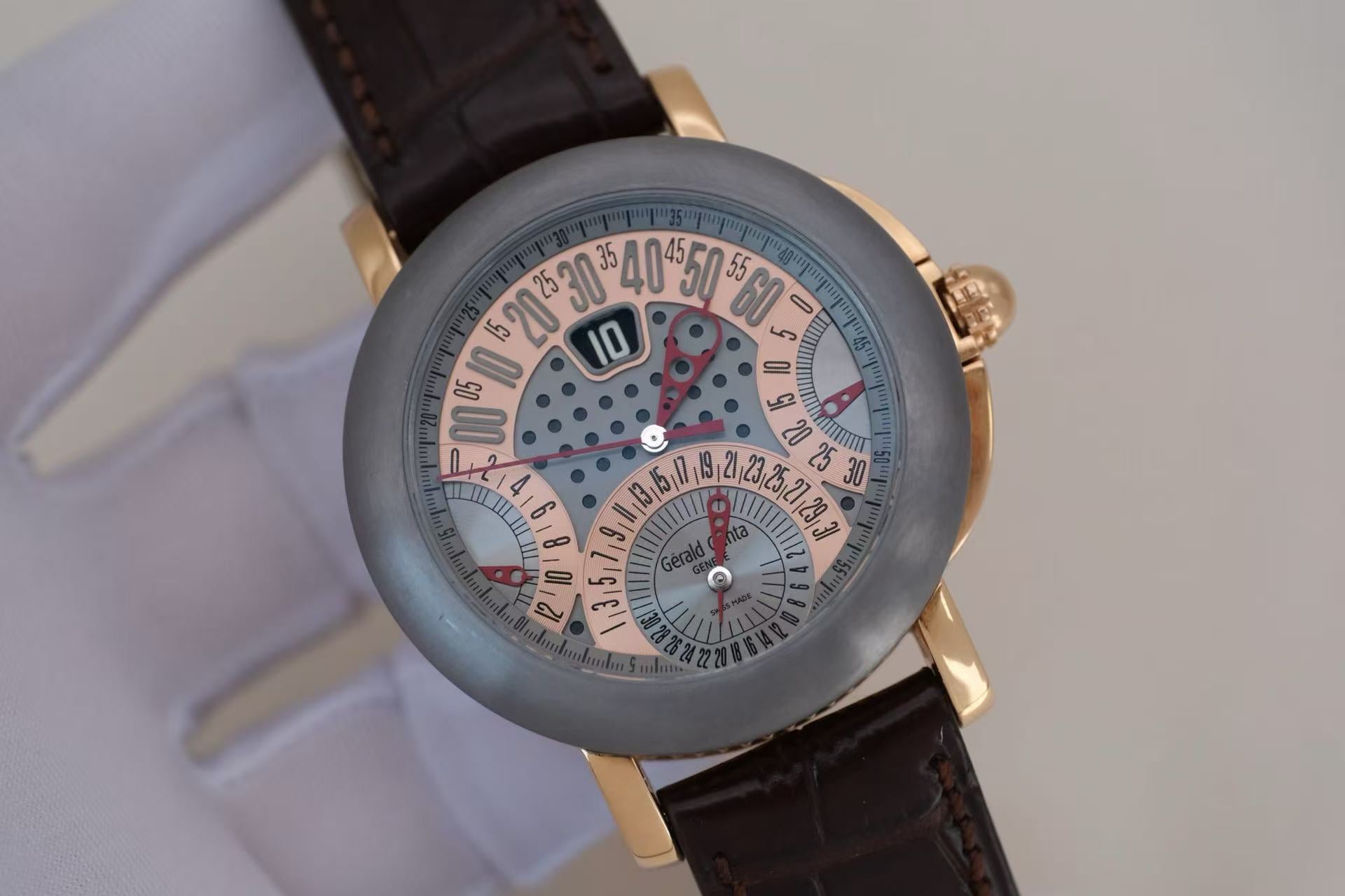 ✦ Gerald Genta 45mm Automatic Mechanical Chronograph in Tantalum with 18K Rose Gold Jumping Hour Retrograde Flyback (Designer Brand's Exclusive Masterpiece/In Stock)