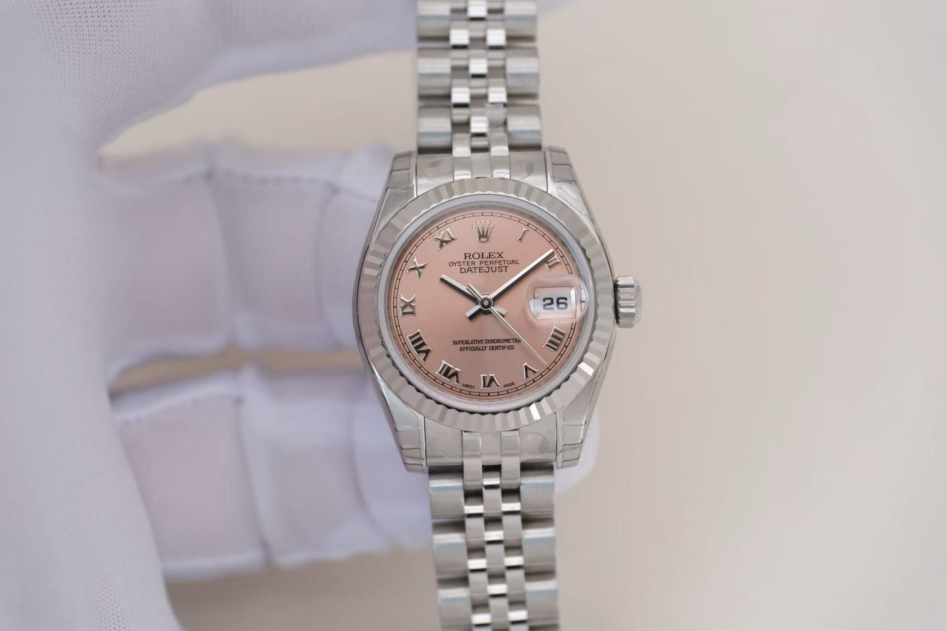 ✦ Rolex Lady-Datejust 179174 26mm 18K White Gold Bezel Pink Dial Roman numerals Automatic Mechanical Watch