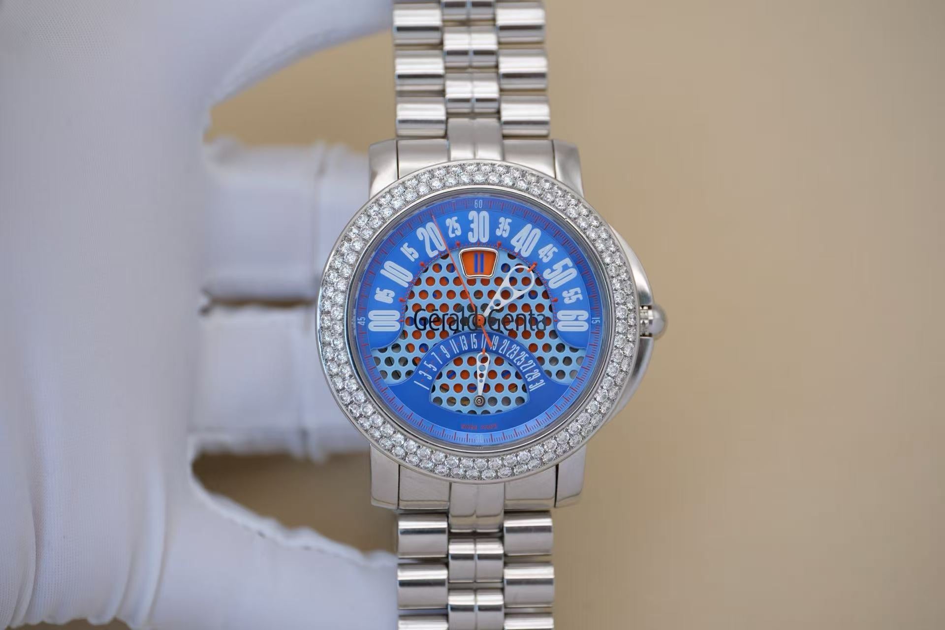 ✦ Independent watchmaking master Gerald Genta 45mm stainless steel double diamond bezel retrograde automatic mechanical watch