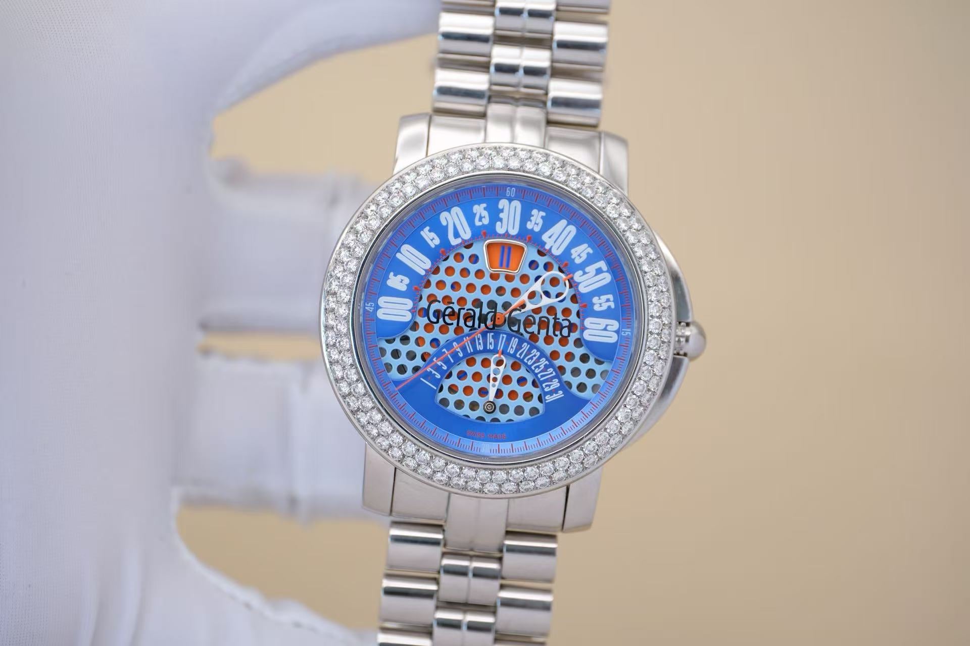 ✦ Independent watchmaking master Gerald Genta 45mm stainless steel double diamond bezel retrograde automatic mechanical watch