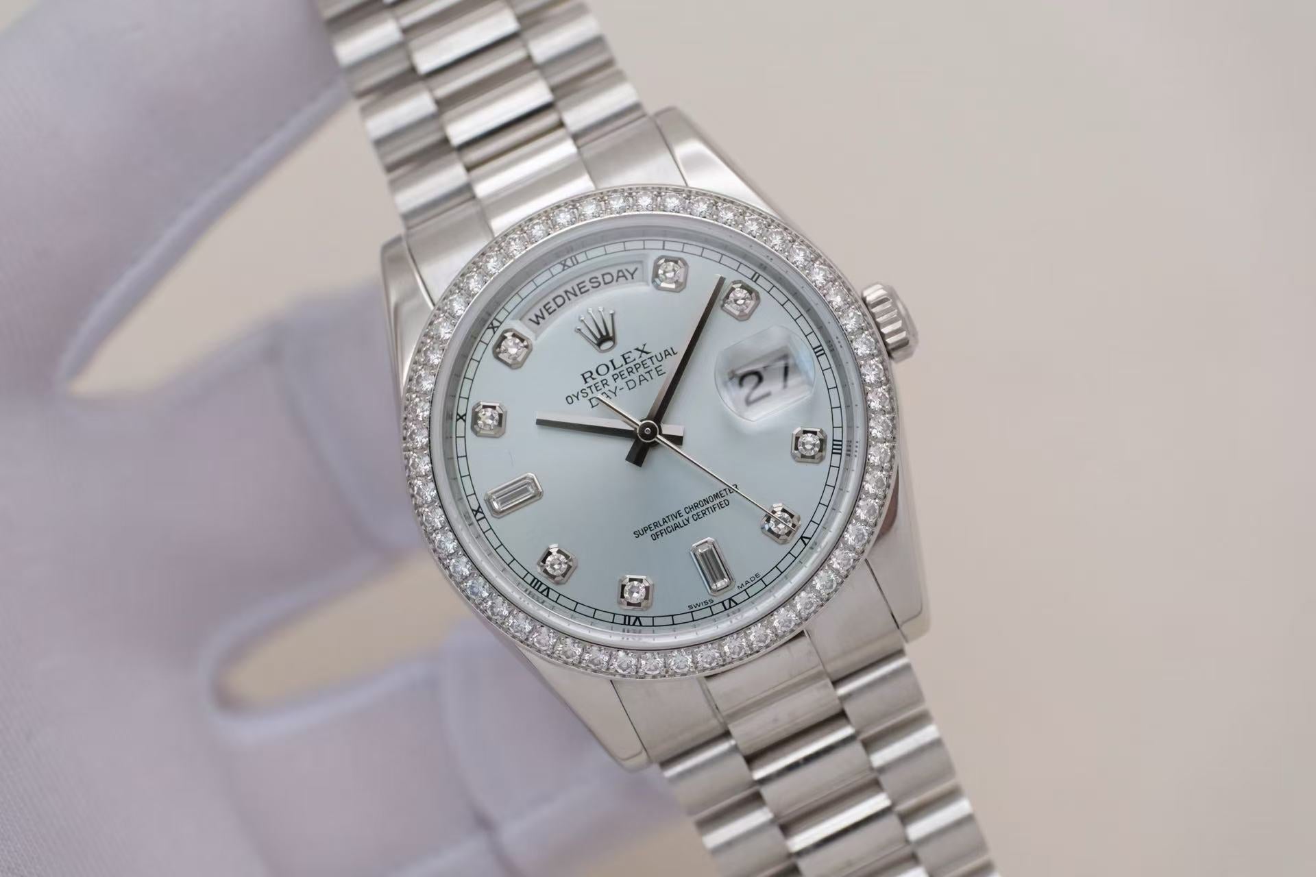 ✦ 劳力士 Rolex 星期日历型 36 m118346 36毫米 pt950铂金 冰蓝盘镶钻 自动机械