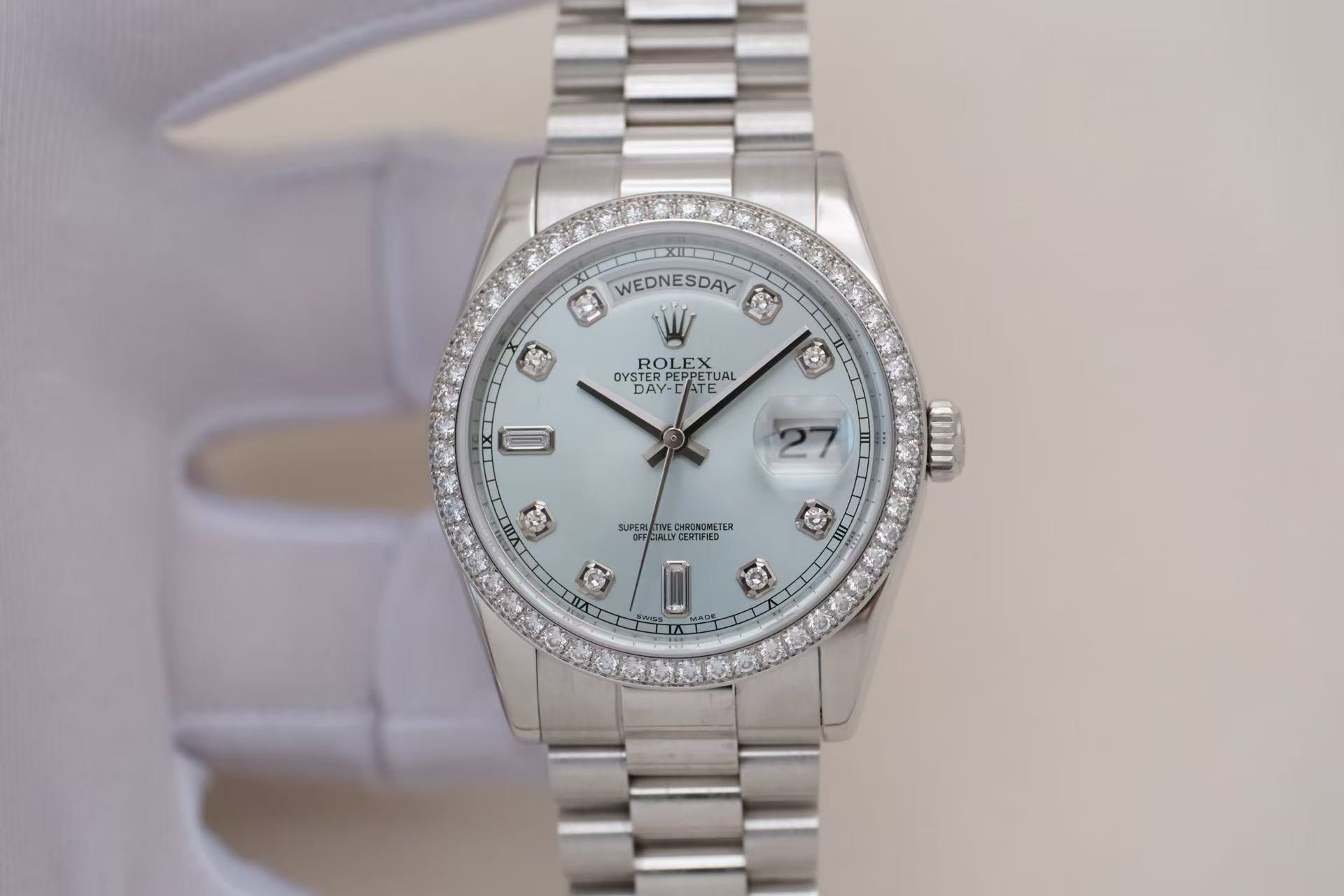 ✦ 劳力士 Rolex 星期日历型 36 m118346 36毫米 pt950铂金 冰蓝盘镶钻 自动机械