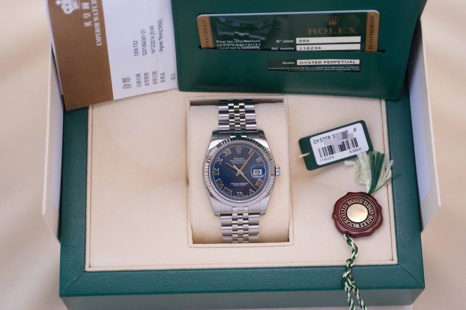 ✦ Rolex Datejust 116234 36mm, misprinted blue Roman numerals, 18K white gold, discontinued, fully protected, unused.