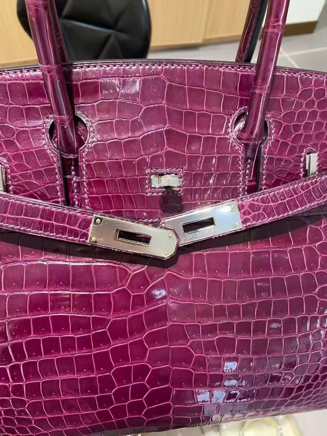 ✦ 爱马仕 Hermès Birkin 30 5L紫罗兰 亮面倒V鳄鱼皮 银扣 R刻 (稀有皮溢价款/性价比极高)
