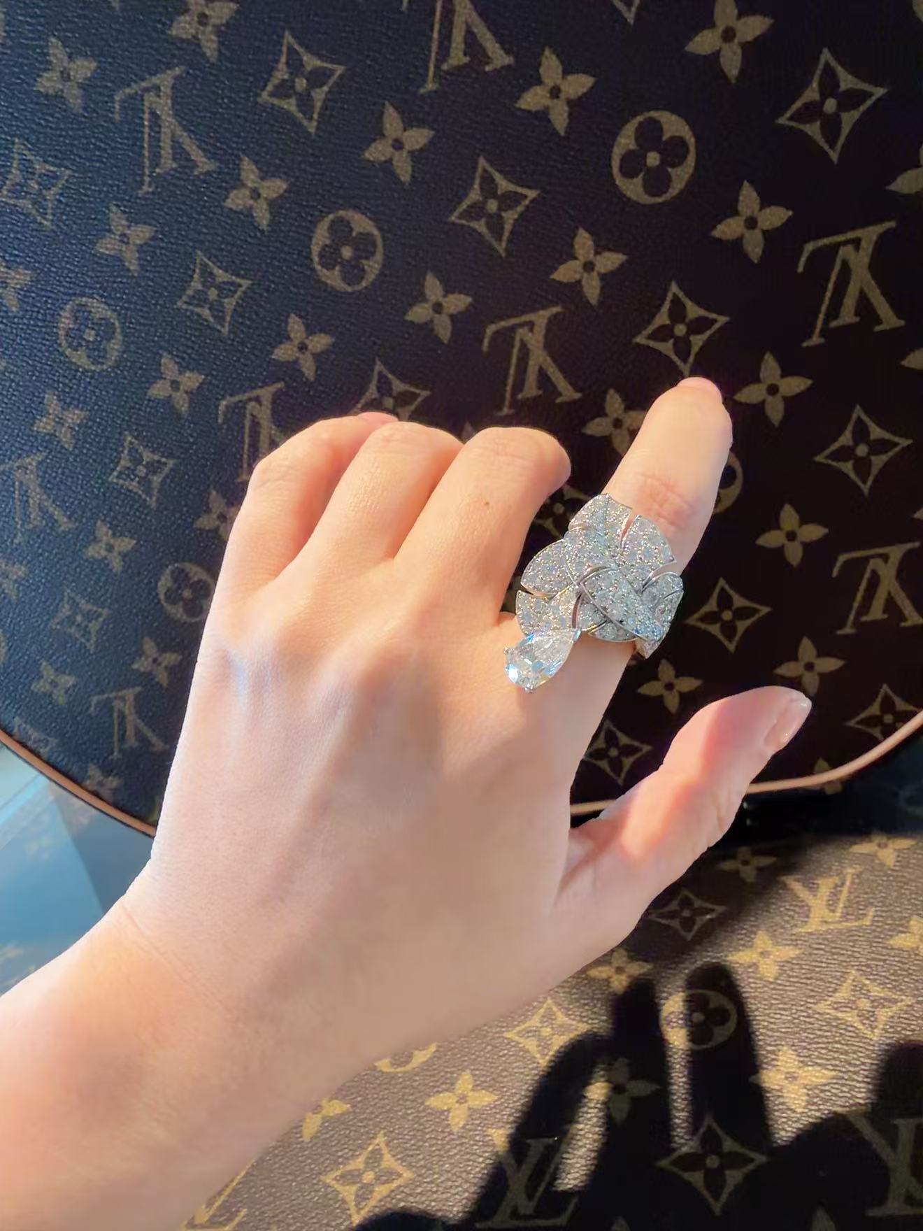 Chanel High Jewelry Collection 18K White Gold Full Diamond Ring, 2.23 Carat Pear-Shaped Center Stone, F Color, VVS2, Size 53