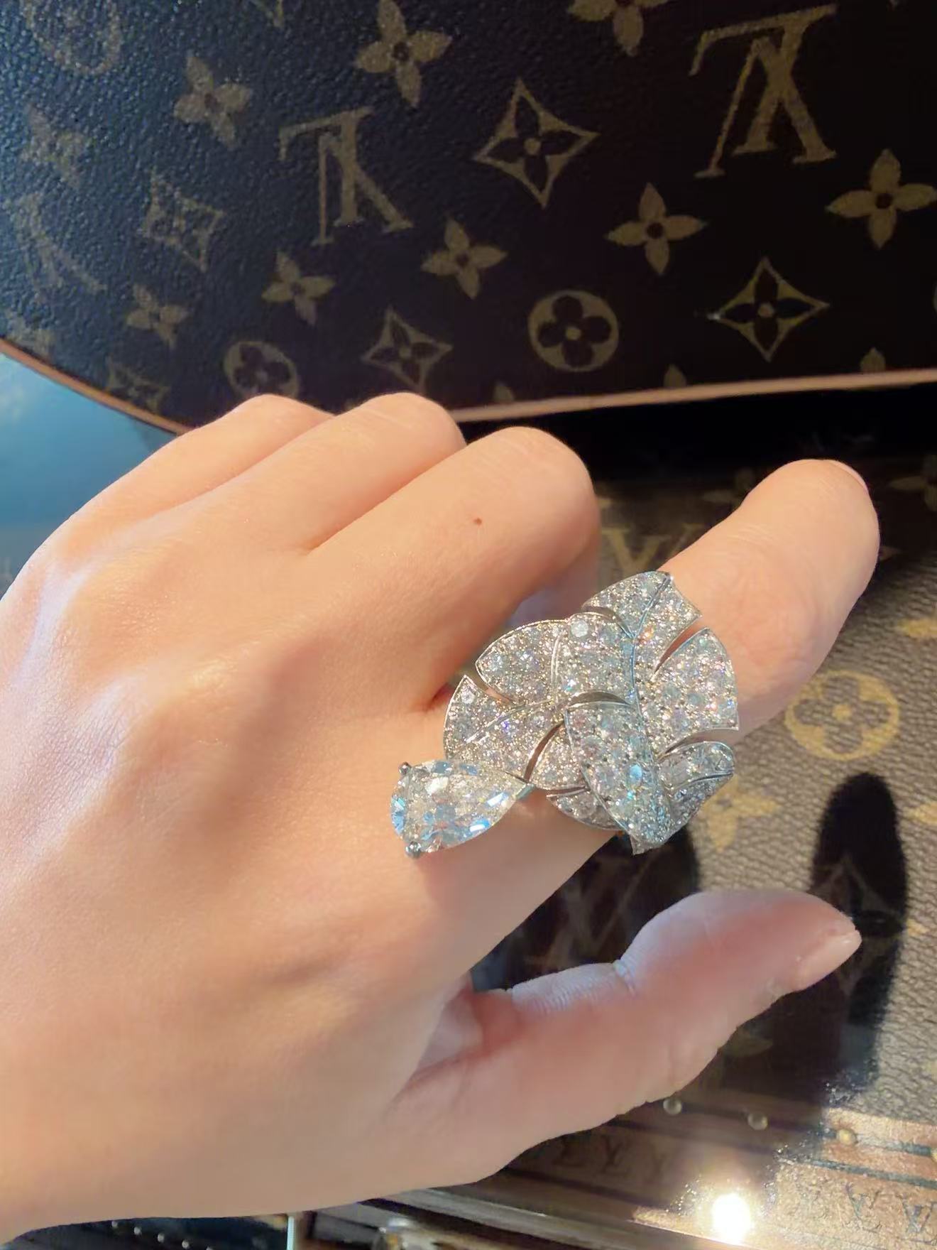 Chanel High Jewelry Collection 18K White Gold Full Diamond Ring, 2.23 Carat Pear-Shaped Center Stone, F Color, VVS2, Size 53