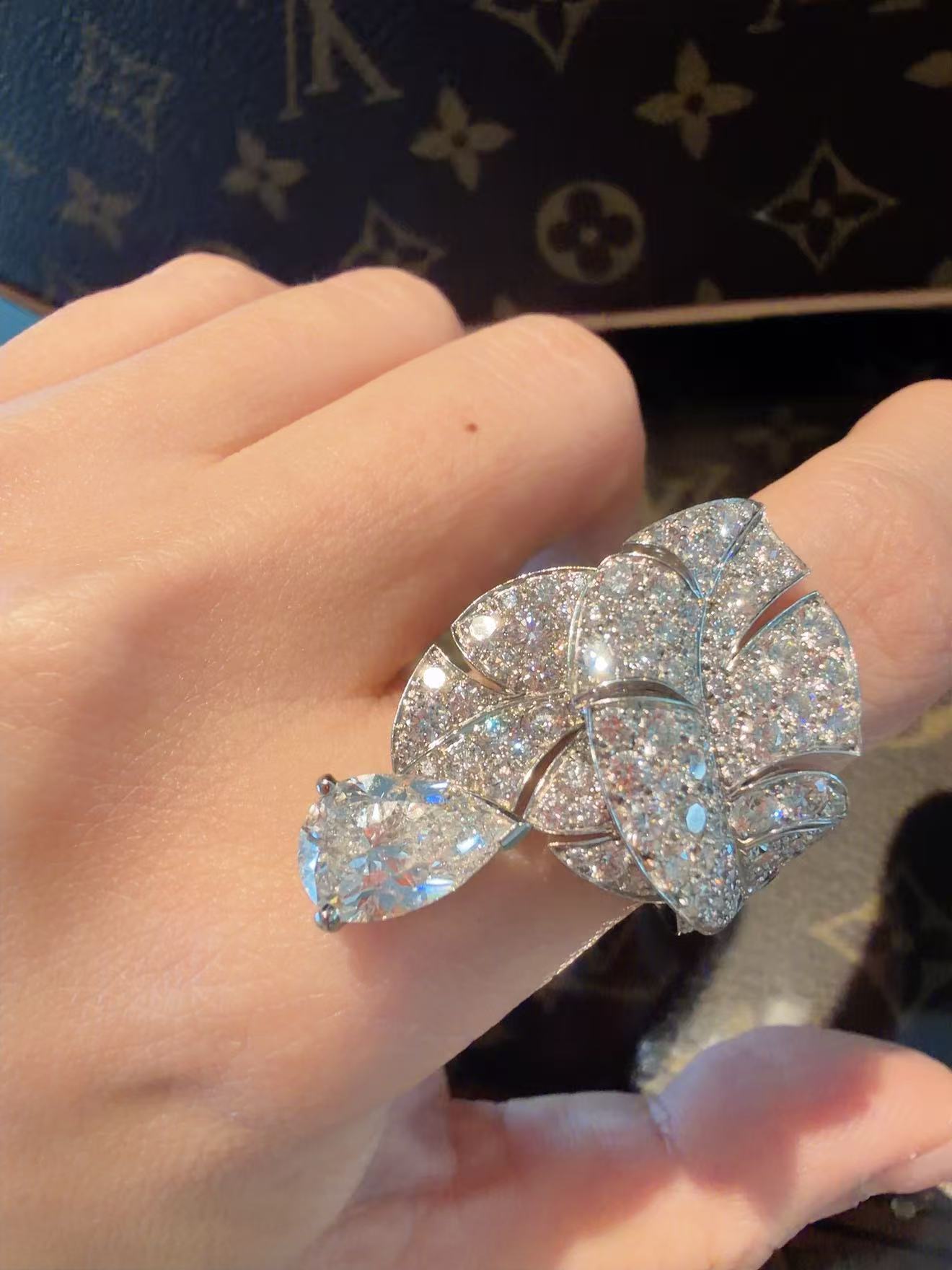 Chanel High Jewelry Collection 18K White Gold Full Diamond Ring, 2.23 Carat Pear-Shaped Center Stone, F Color, VVS2, Size 53