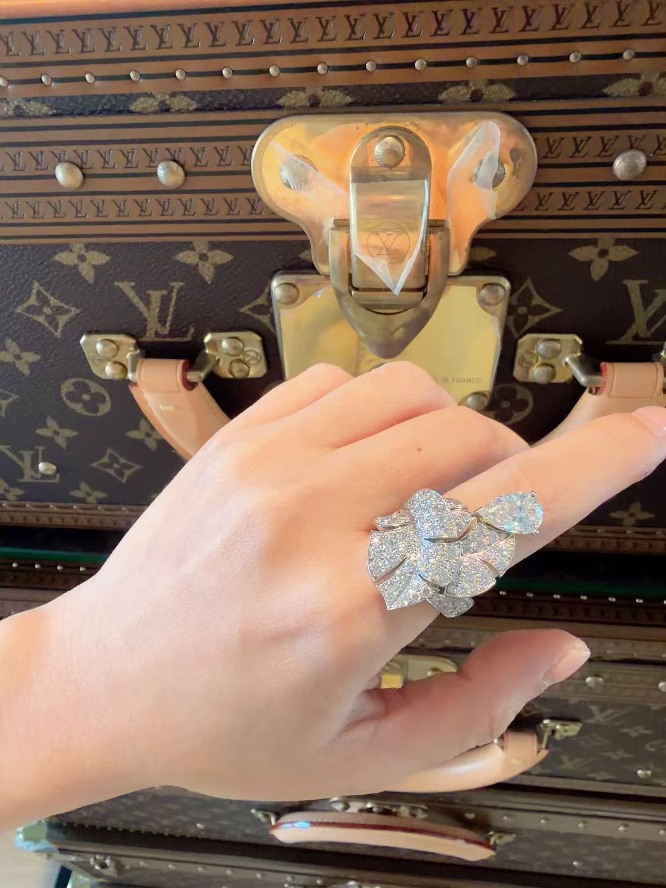 Chanel High Jewelry Collection 18K White Gold Full Diamond Ring, 2.23 Carat Pear-Shaped Center Stone, F Color, VVS2, Size 53