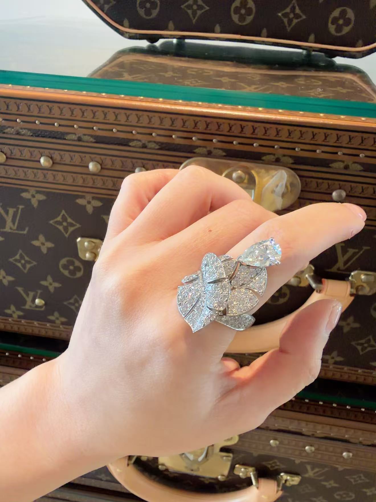 Chanel High Jewelry Collection 18K White Gold Full Diamond Ring, 2.23 Carat Pear-Shaped Center Stone, F Color, VVS2, Size 53