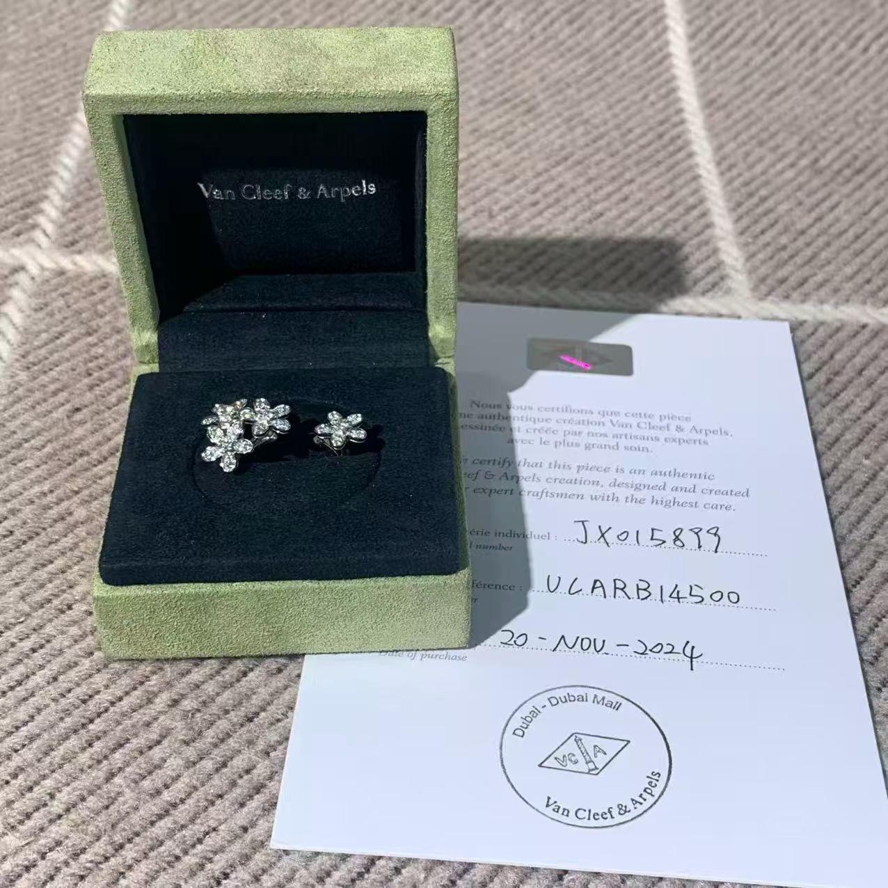 VCA Socrates Collection 18K White Gold Full Diamond Flower Ring, Size 50, 2024 Complete Set