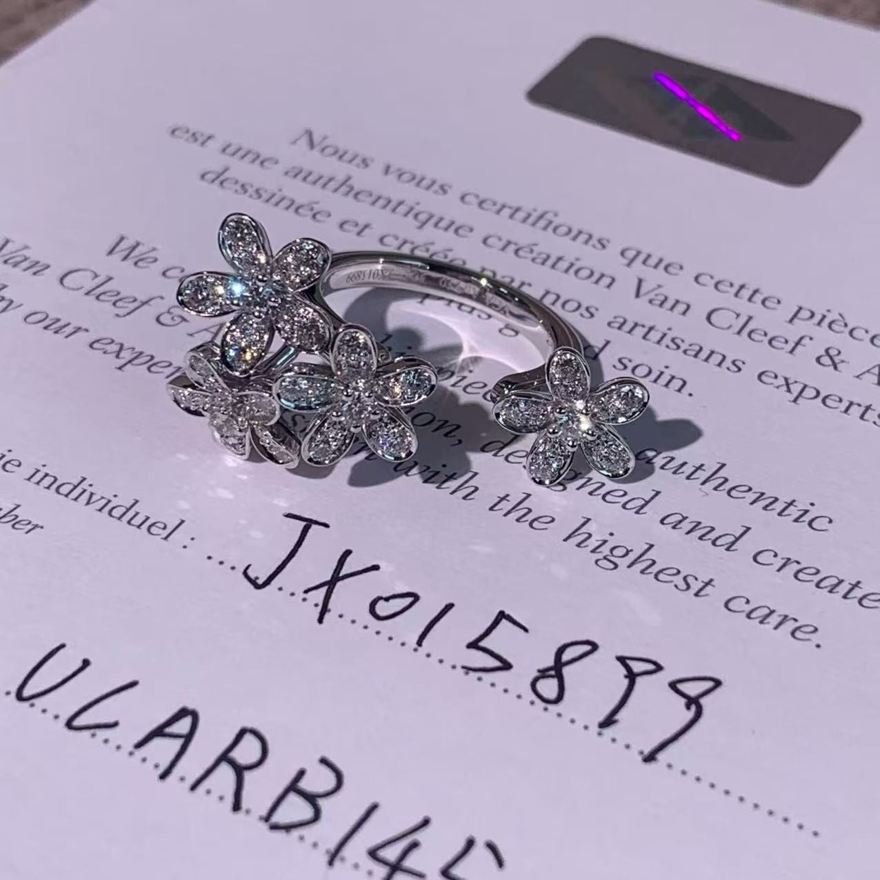 VCA Socrates Collection 18K White Gold Full Diamond Flower Ring, Size 50, 2024 Complete Set