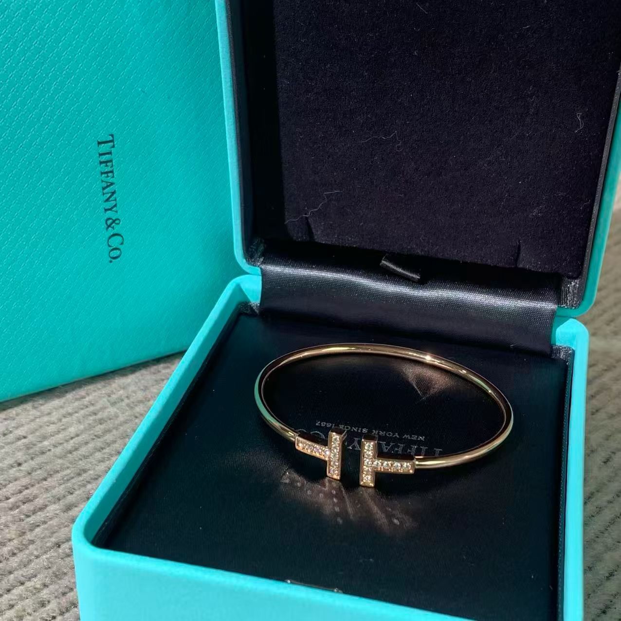 Tiffany & Co. T Collection Double T Open Bangle, 18K Rose Gold, Pavé Diamonds, Size S, with Box