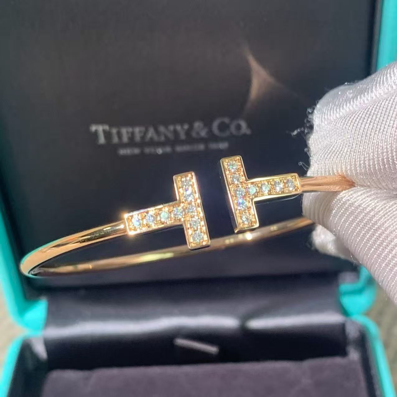 Tiffany & Co. T Collection Double T Open Bangle, 18K Rose Gold, Pavé Diamonds, Size S, with Box