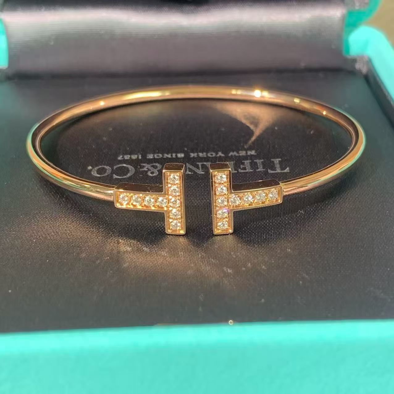 Tiffany & Co. T Collection Double T Open Bangle, 18K Rose Gold, Pavé Diamonds, Size S, with Box