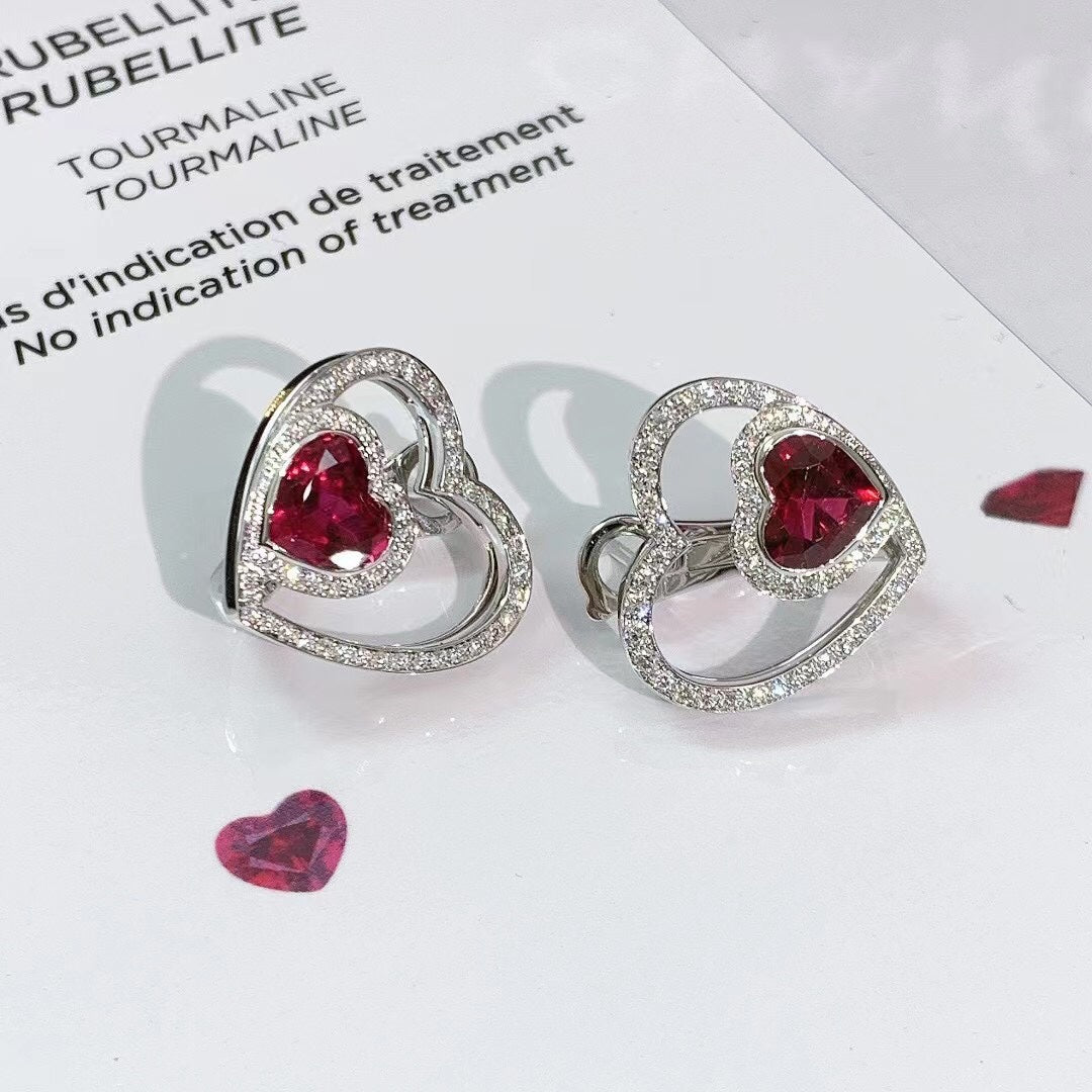 Fred Pretty Woman High Jewelry Collection 18K White Gold Rubelle Tourmaline and Diamond Heart Earrings 2022 (Full Set)