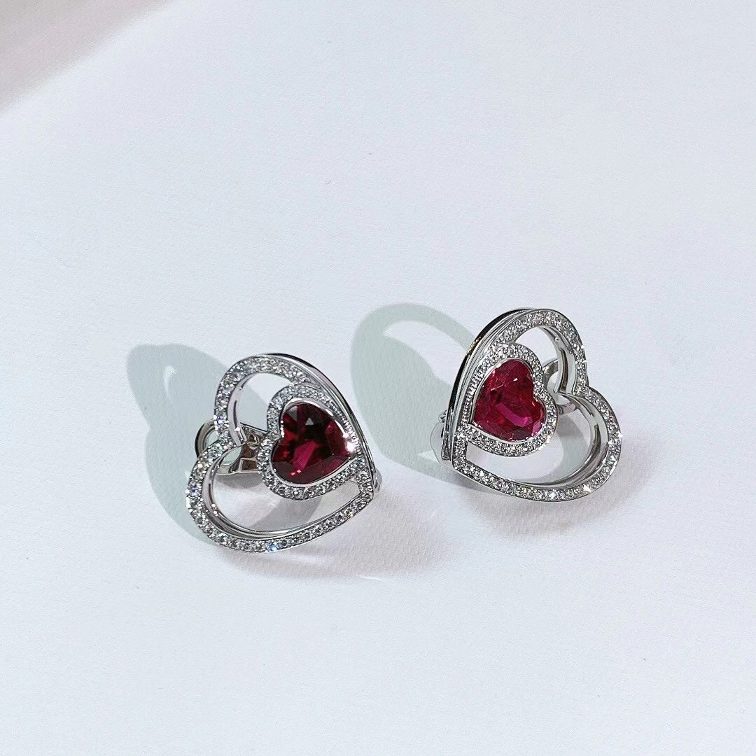 Fred Pretty Woman High Jewelry Collection 18K White Gold Rubelle Tourmaline and Diamond Heart Earrings 2022 (Full Set)