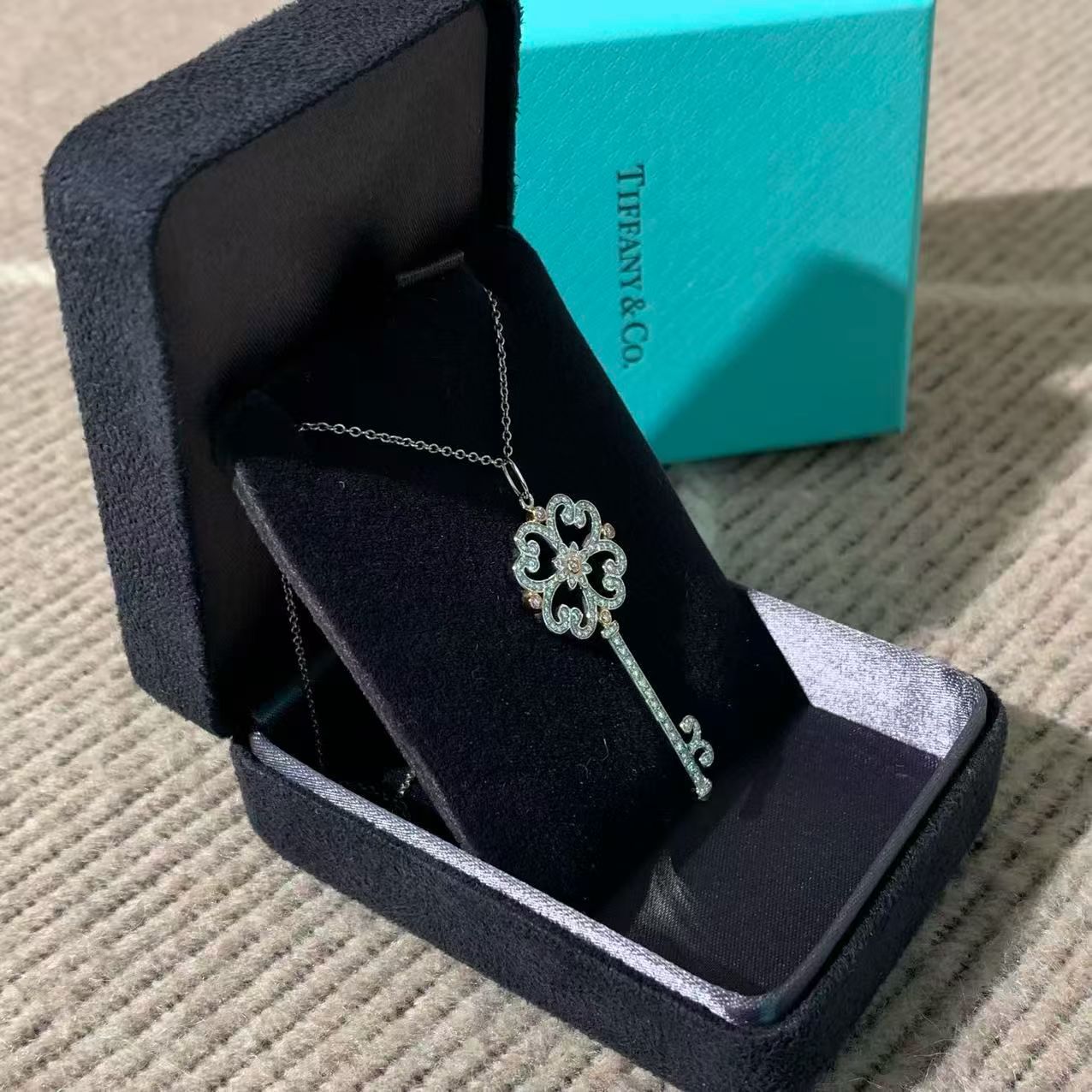 Tiffany & Co. Keys Collection 18K White Gold Full Diamond Large Cherry Blossom Key Necklace, Classic Large Key with Box