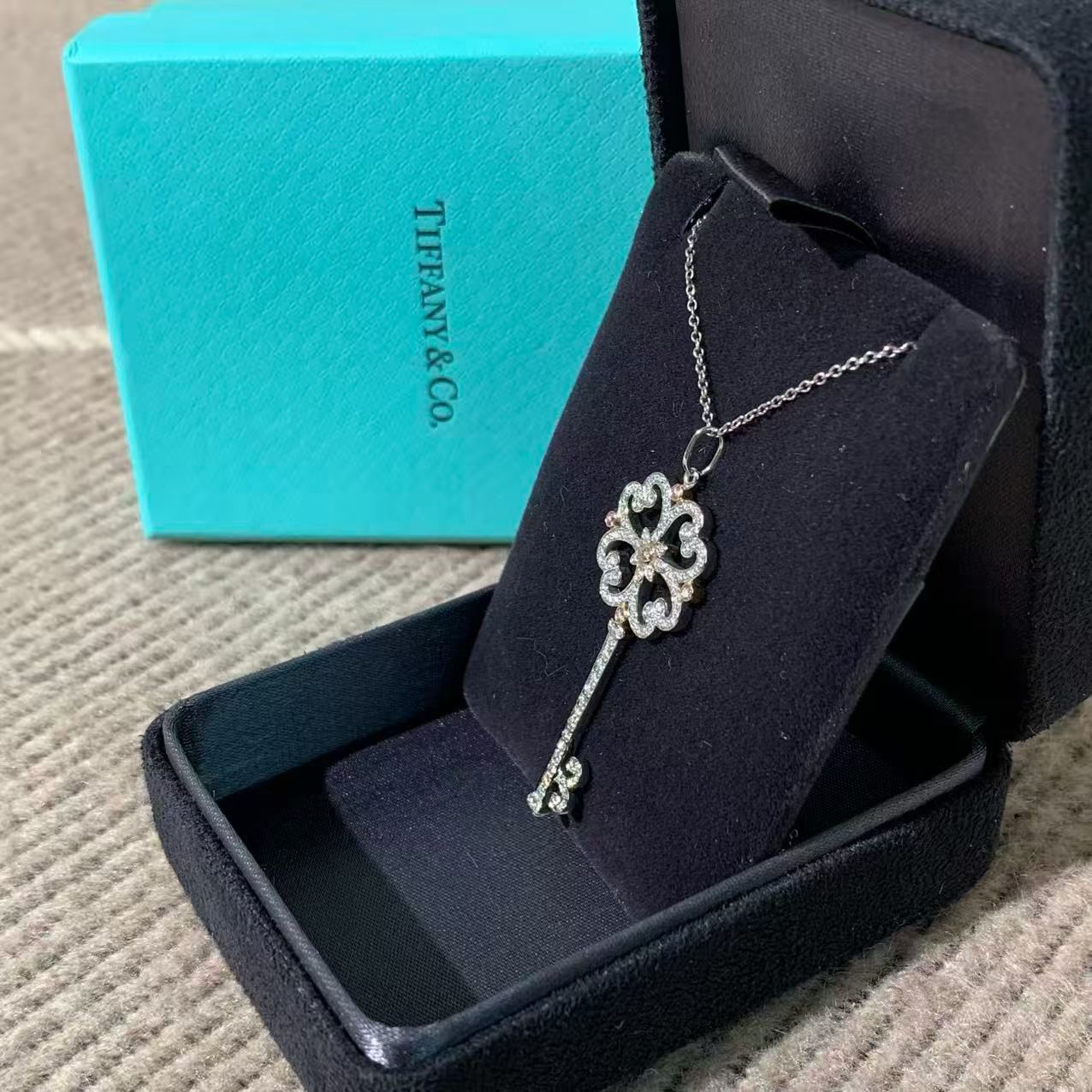 Tiffany & Co. Keys Collection 18K White Gold Full Diamond Large Cherry Blossom Key Necklace, Classic Large Key with Box