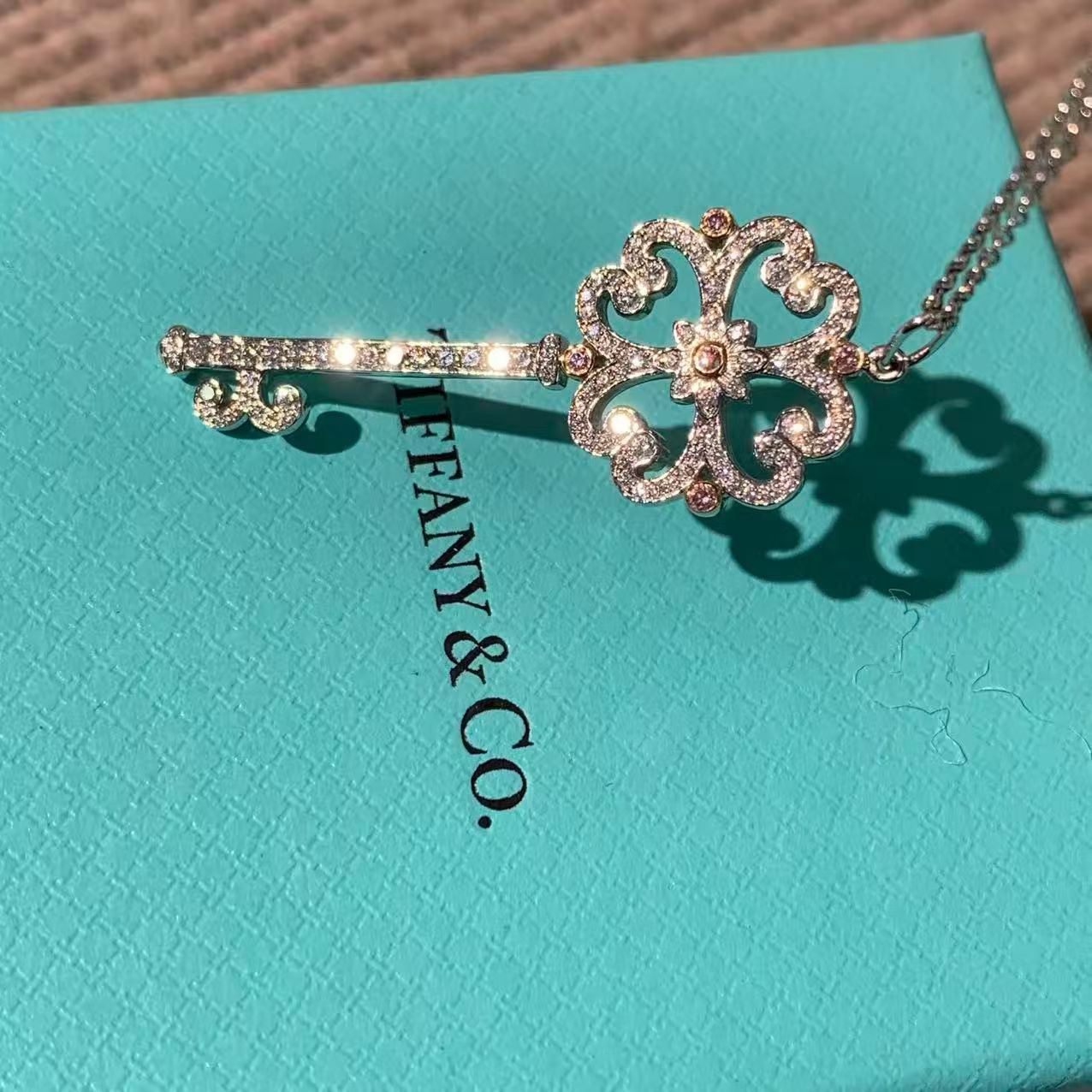 Tiffany & Co. Keys Collection 18K White Gold Full Diamond Large Cherry Blossom Key Necklace, Classic Large Key with Box