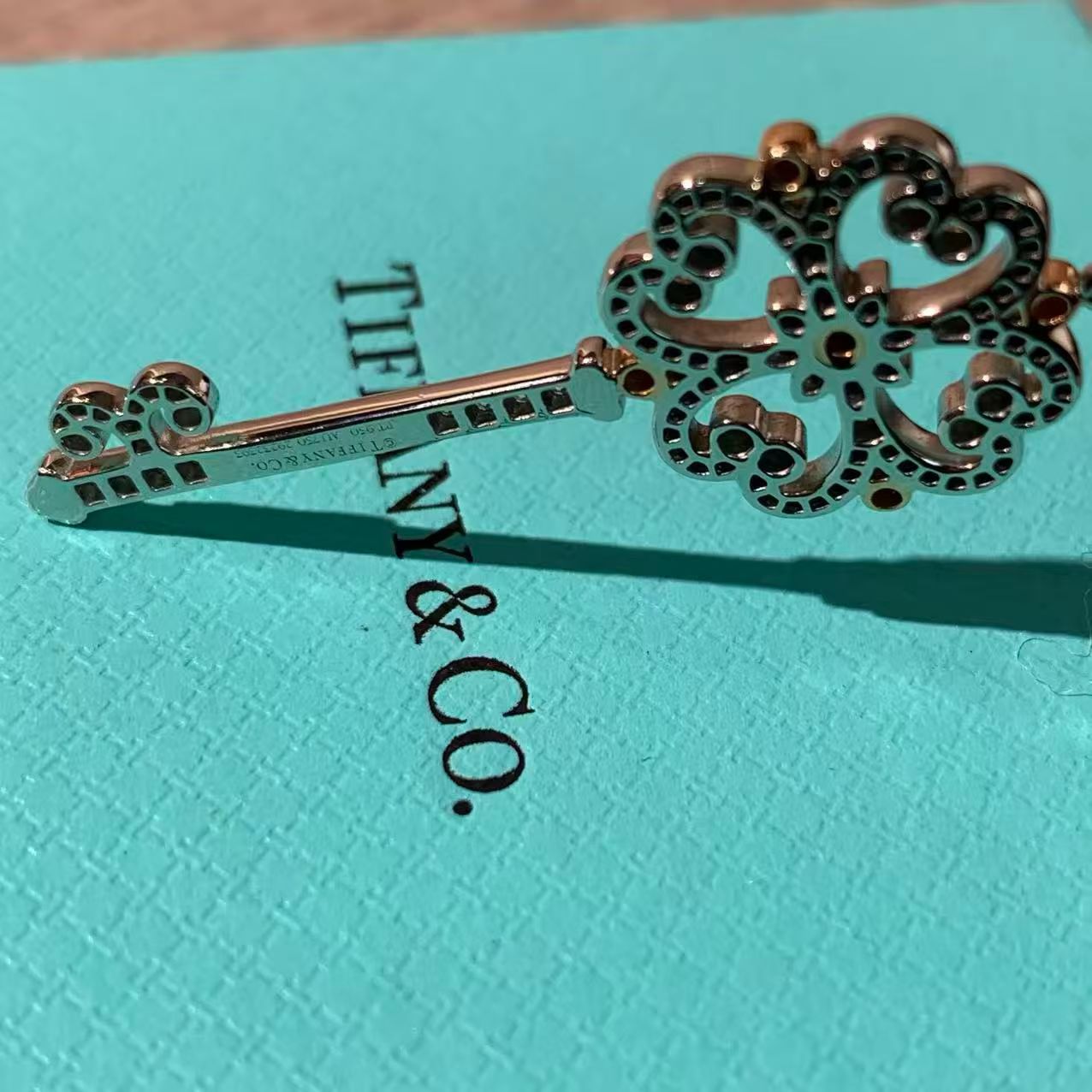 Tiffany & Co. Keys Collection 18K White Gold Full Diamond Large Cherry Blossom Key Necklace, Classic Large Key with Box