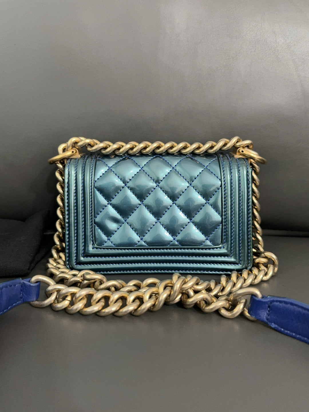✦ Chanel Le Boy Mini Versailles Court Limited Edition Patent Leather Blue with Gilded Embossed Design (Limited to 100 pieces worldwide)