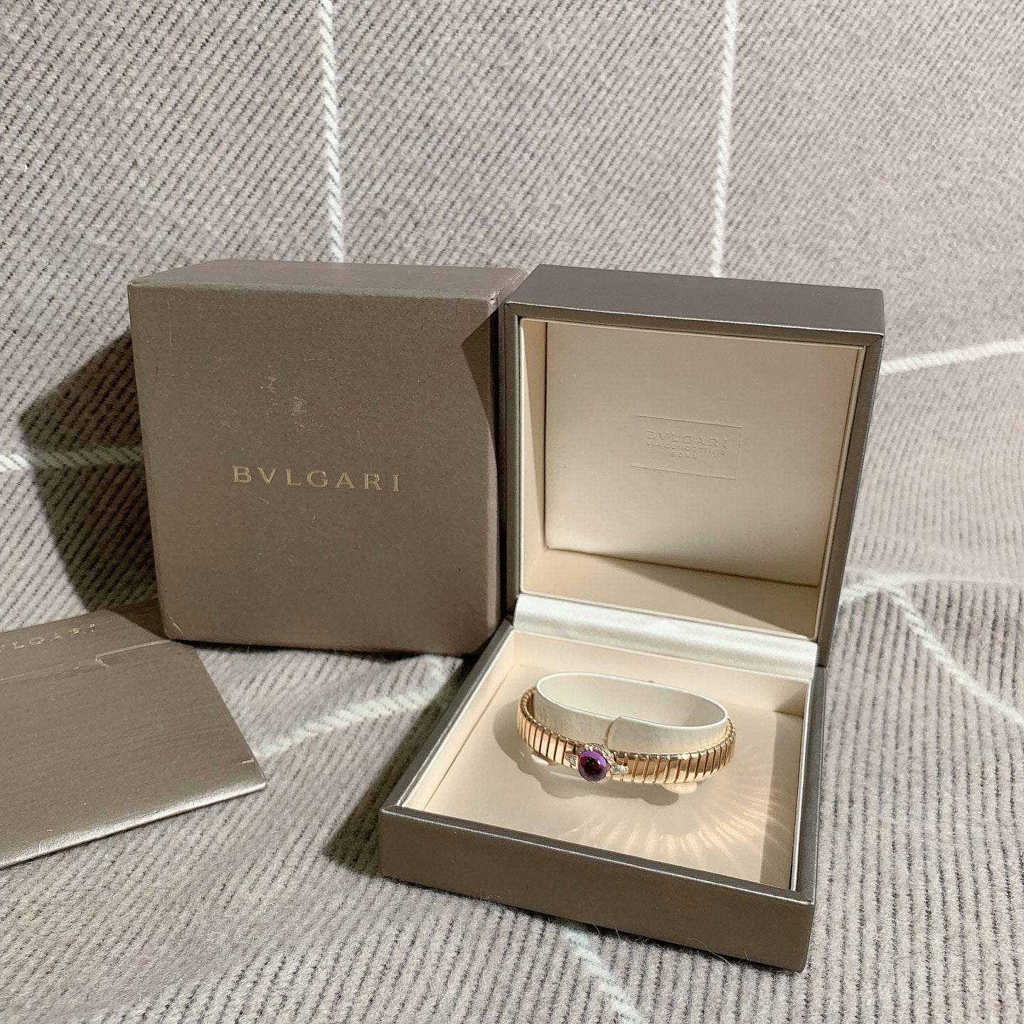✦ BVLGARI Tubogas Collection 18K Rose Gold Pavé Amethyst Flex Bangle, Size M (2022 Full Set/Gold Weight 42g)