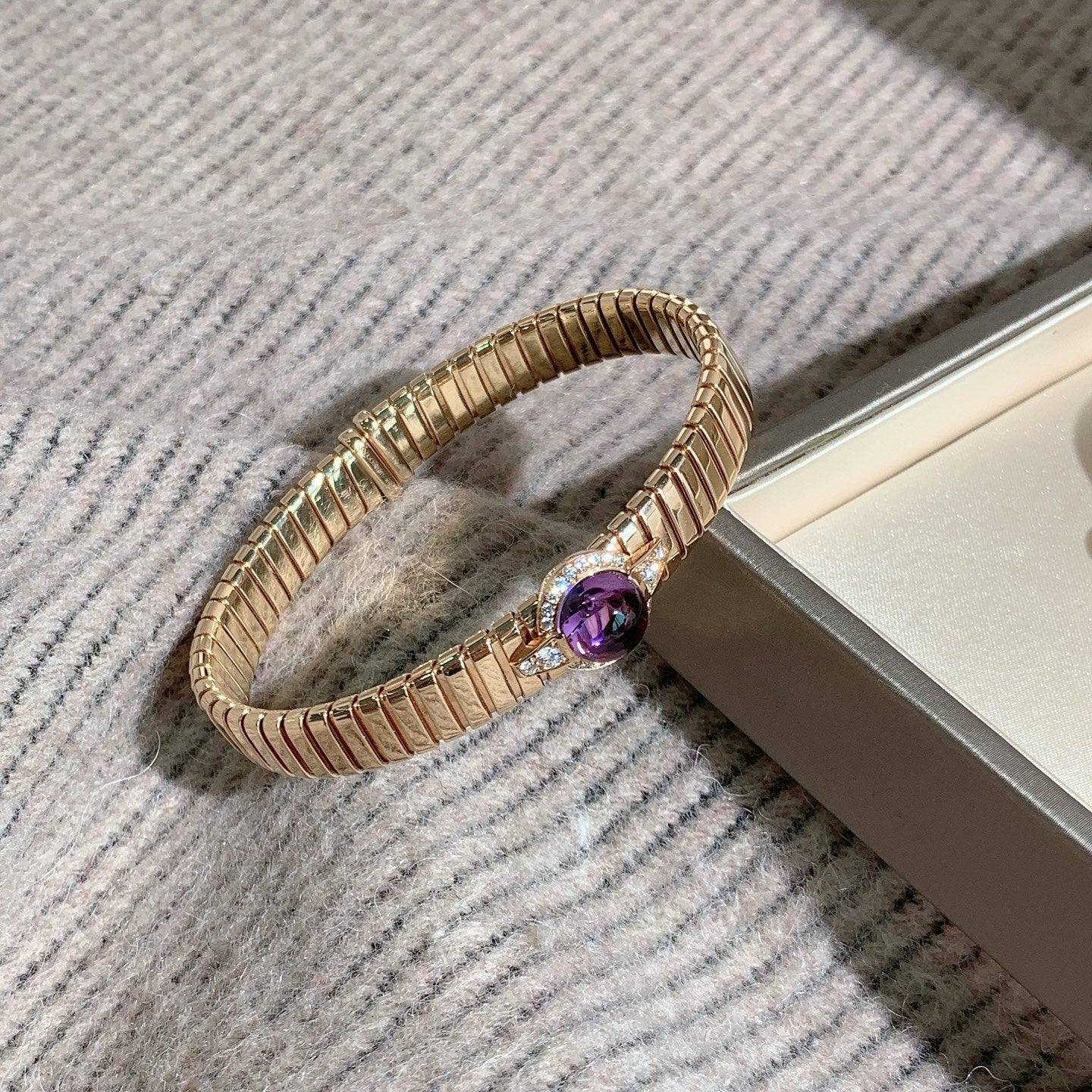 ✦ BVLGARI Tubogas Collection 18K Rose Gold Pavé Amethyst Flex Bangle, Size M (2022 Full Set/Gold Weight 42g)